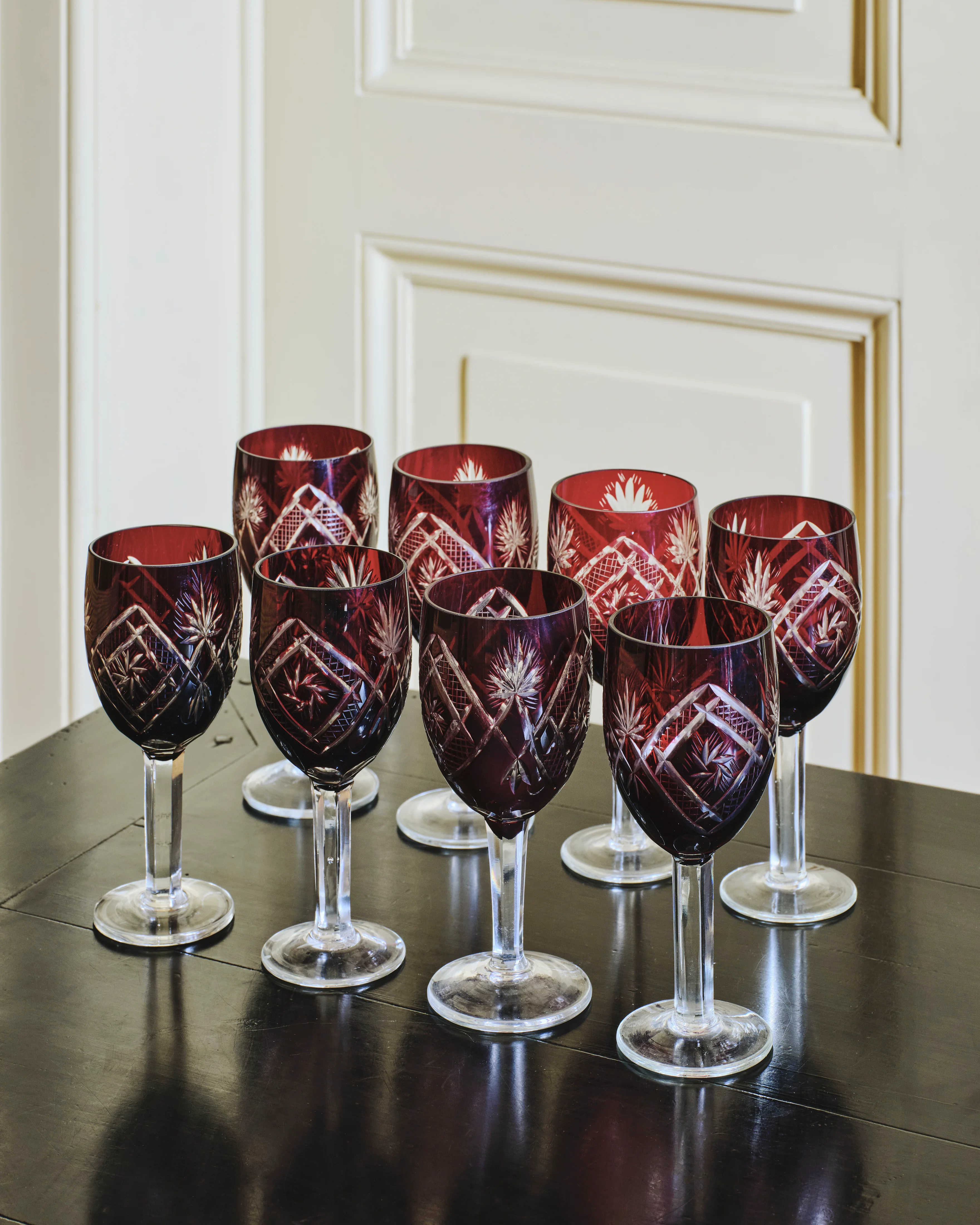 Bohemian Cut Glass Wine Glasses with Ruby Red Overlay (Set of 8)