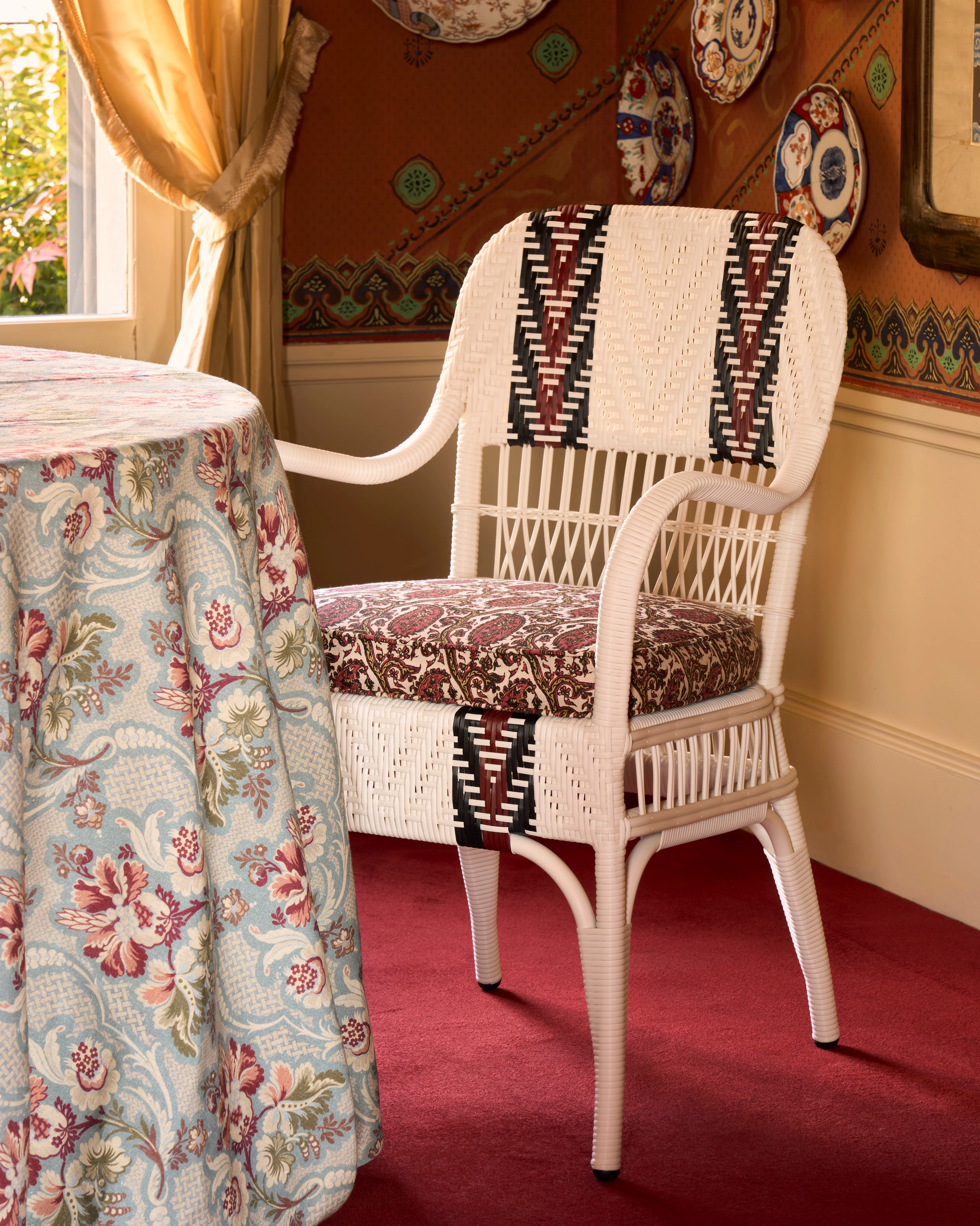 Cabana x Bonacina Sienna Chair Alabastro, Schumacher Daria Paisley Cushion - Image 5