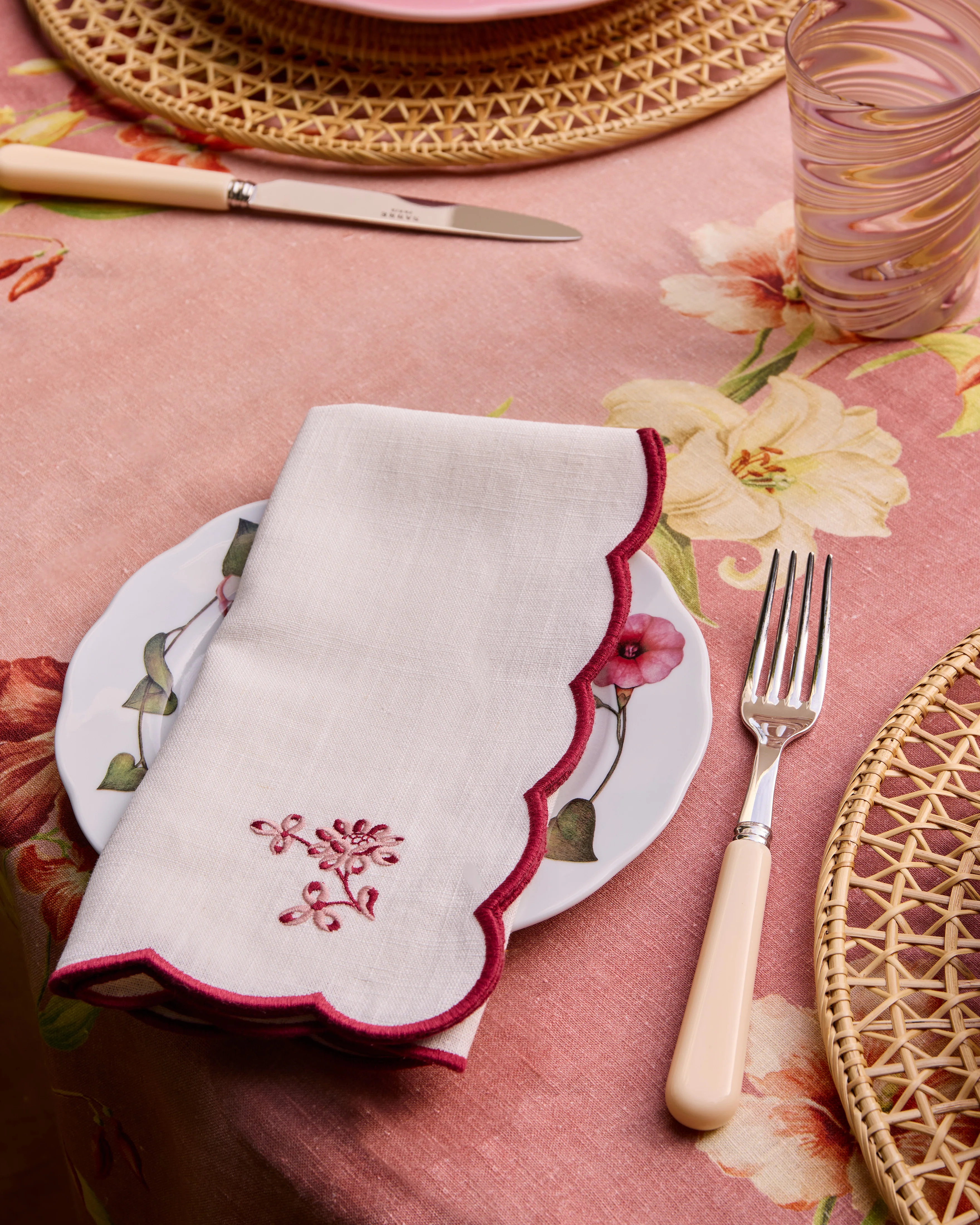 Botanica Embroidered Linen Napkin Bordeaux - Image 4