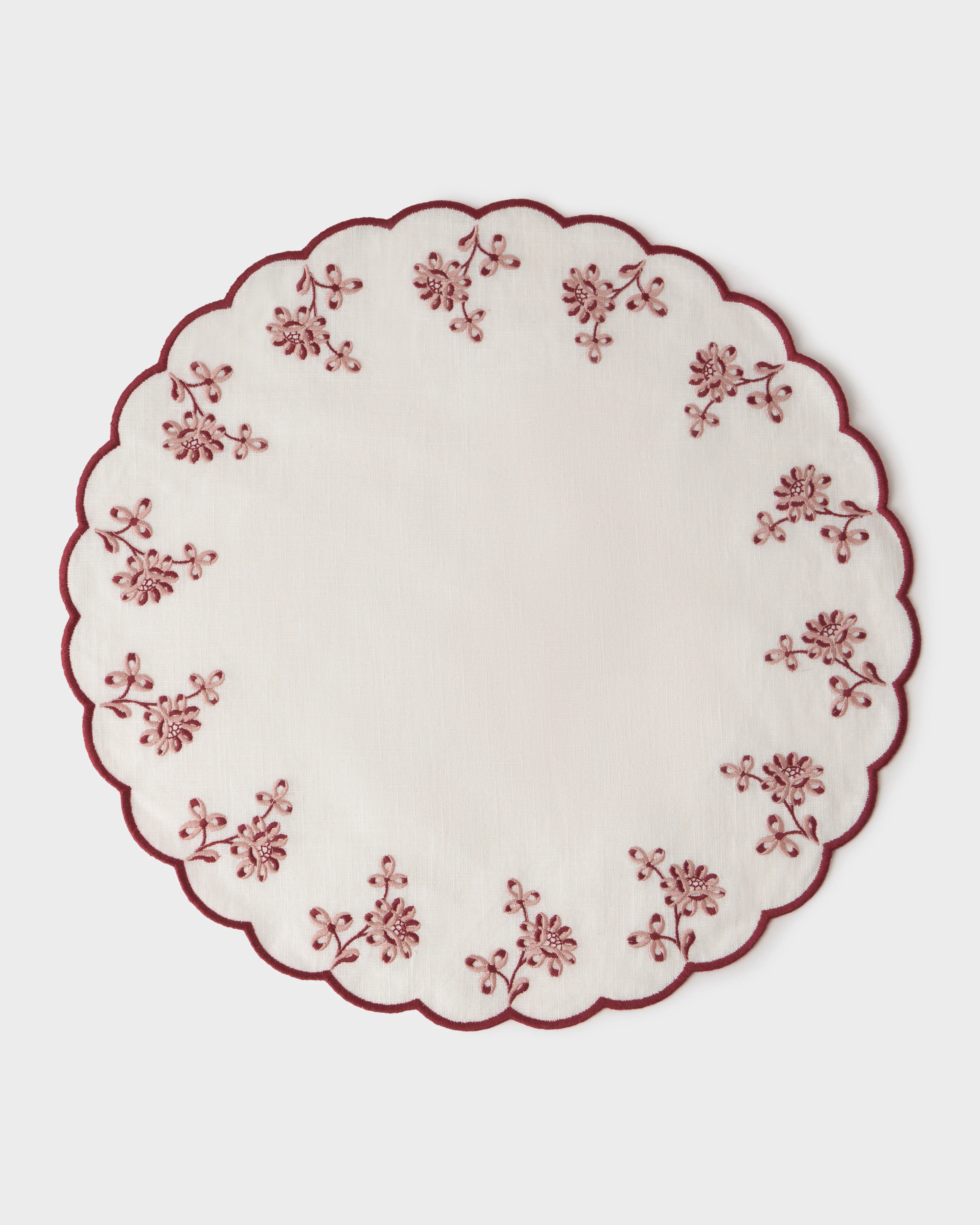 Botanica Embroidered Round Linen Placemat, Bordeaux