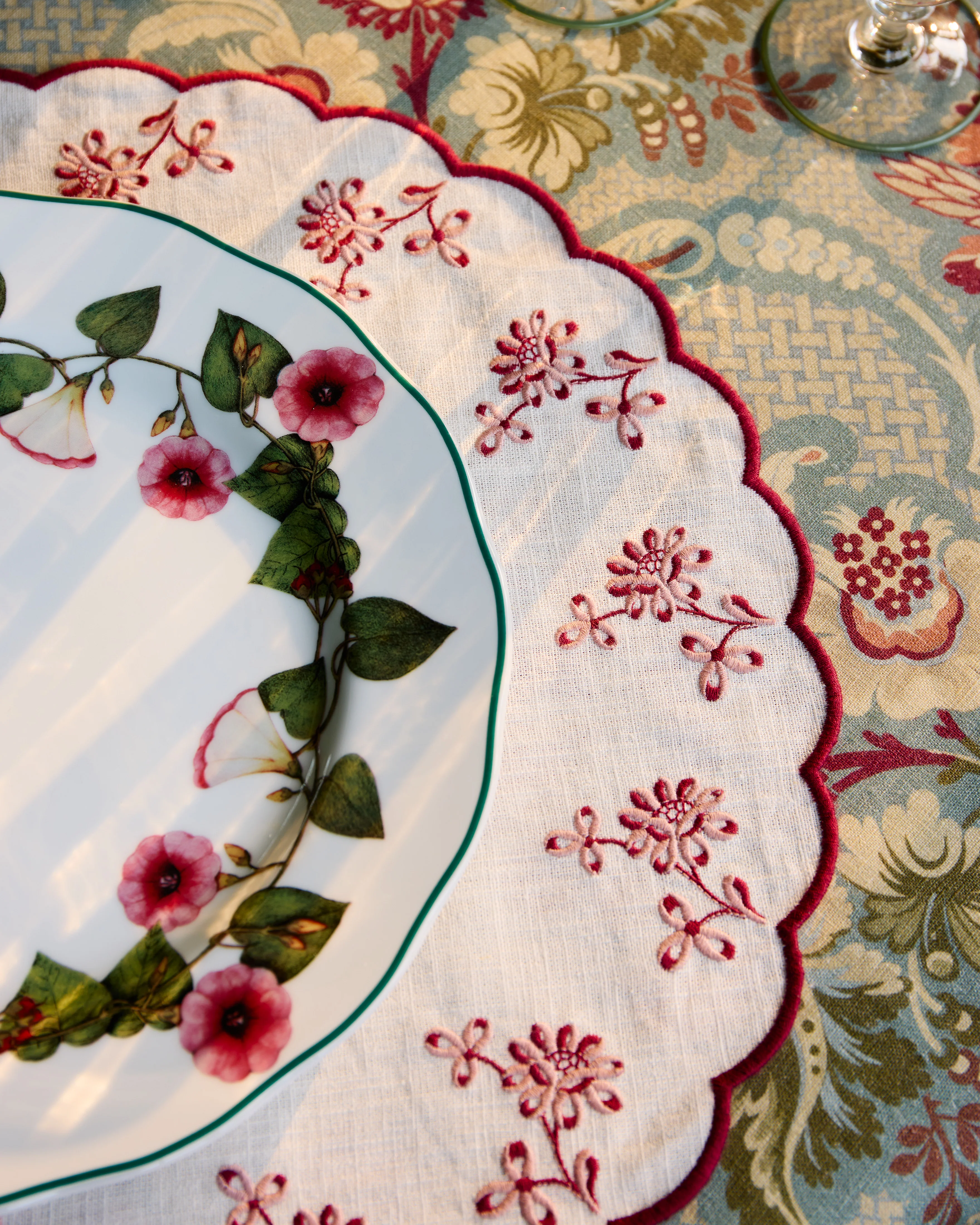 Botanica Embroidered Round Linen Placemat, Bordeaux - Image 2