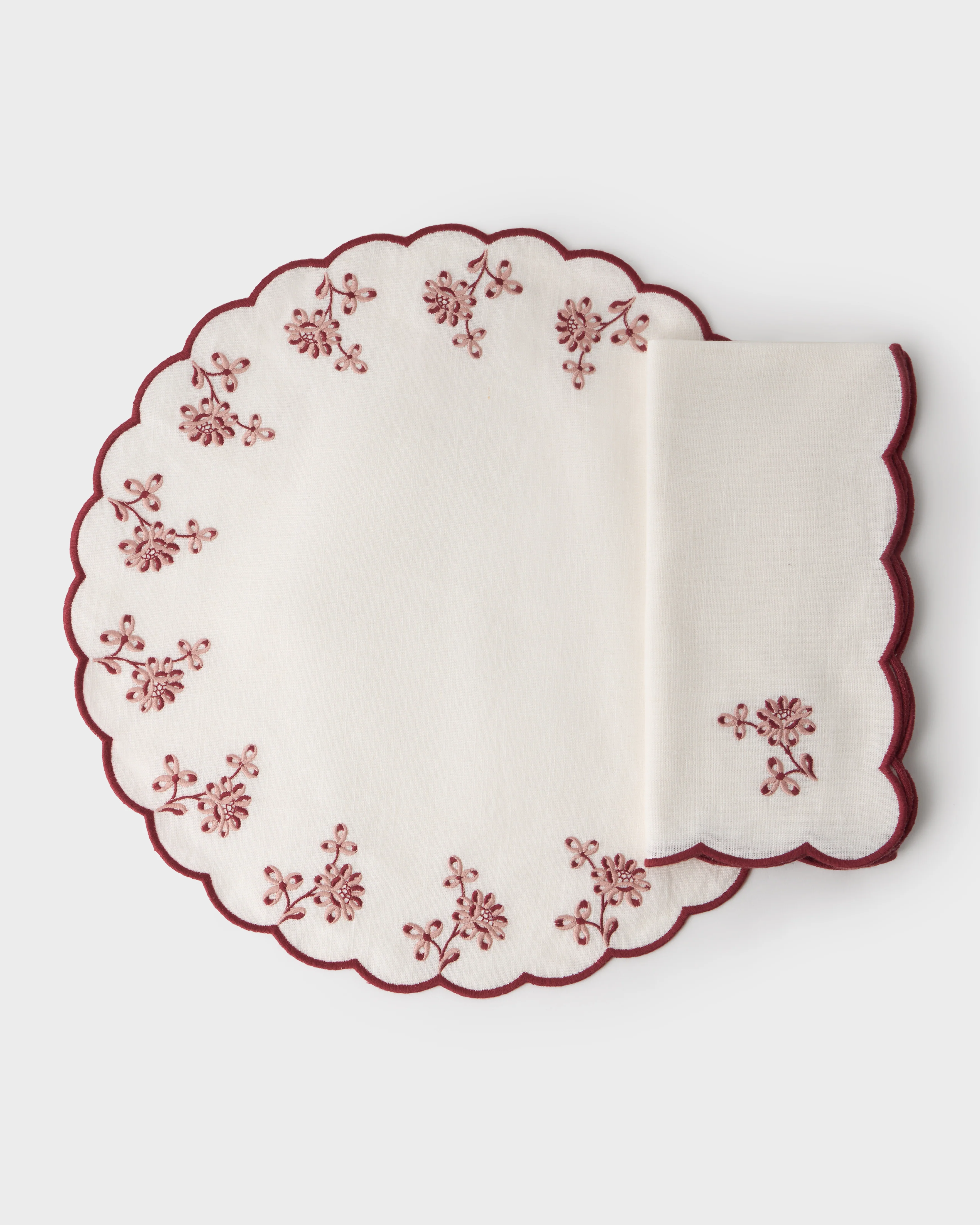 Botanica Embroidered Round Linen Placemat, Bordeaux - Image 3