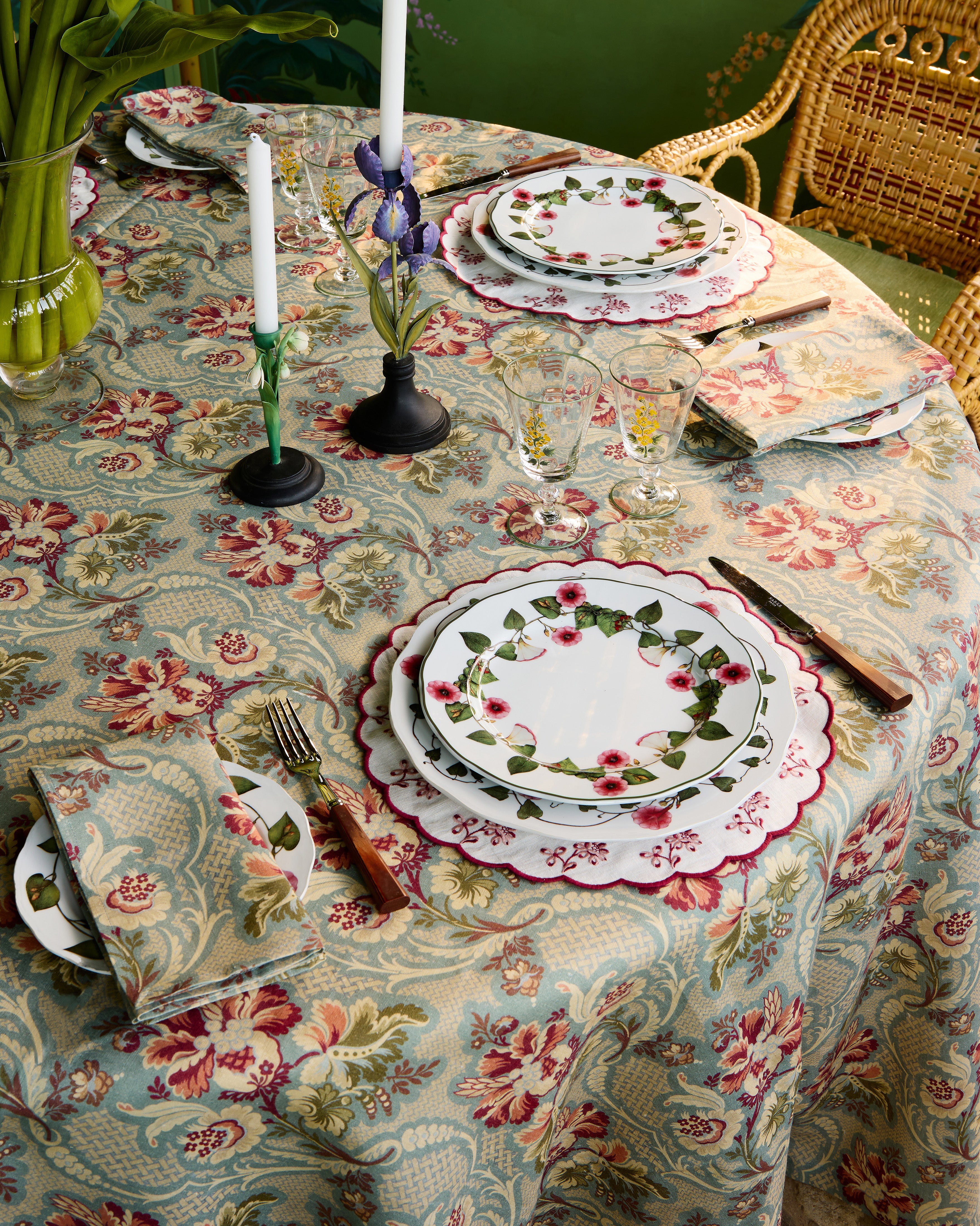 Botanica Embroidered Round Linen Placemat, Bordeaux - Image 4