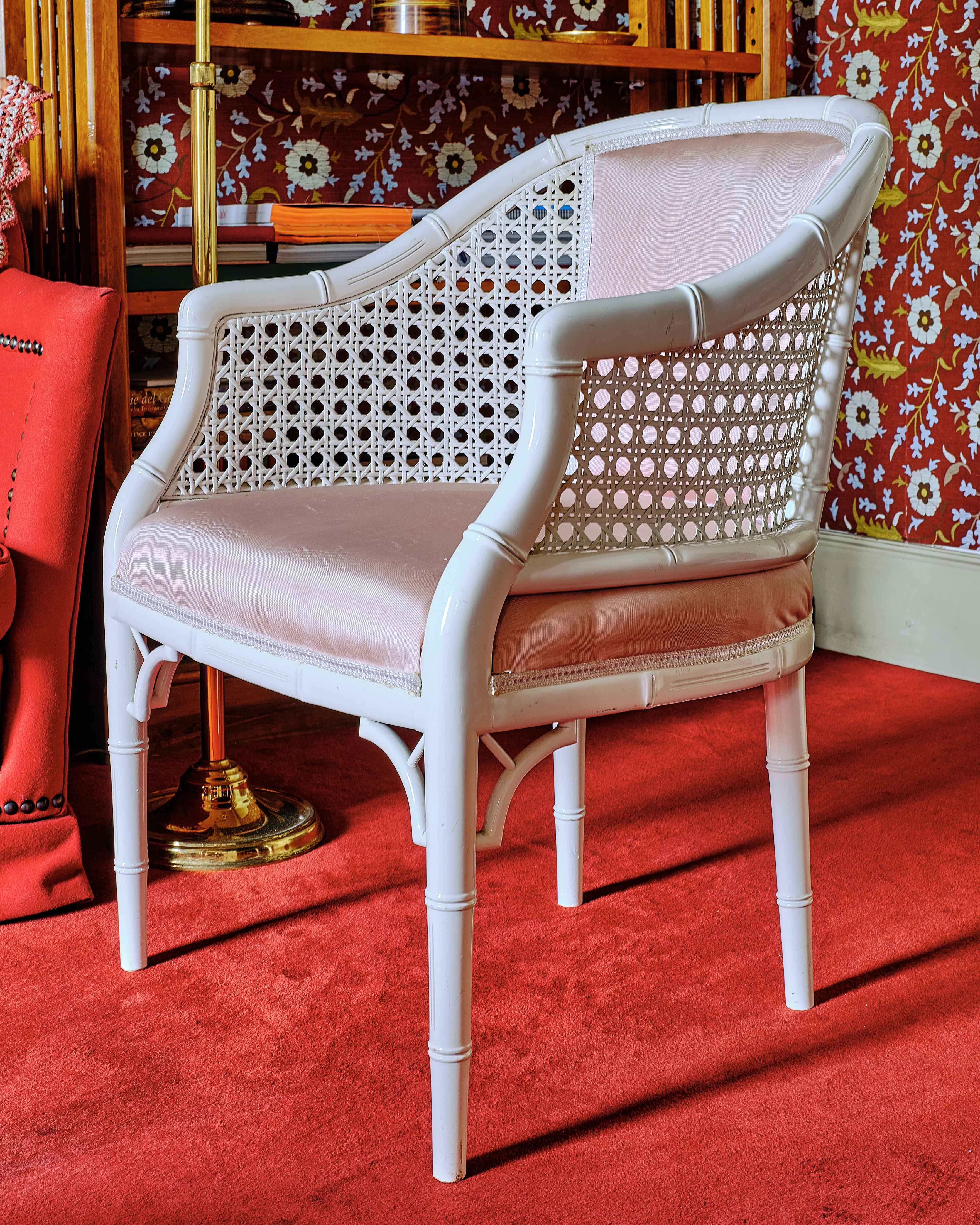 Cane and Faux Bamboo Chair with Pink Upholstery - Image 3