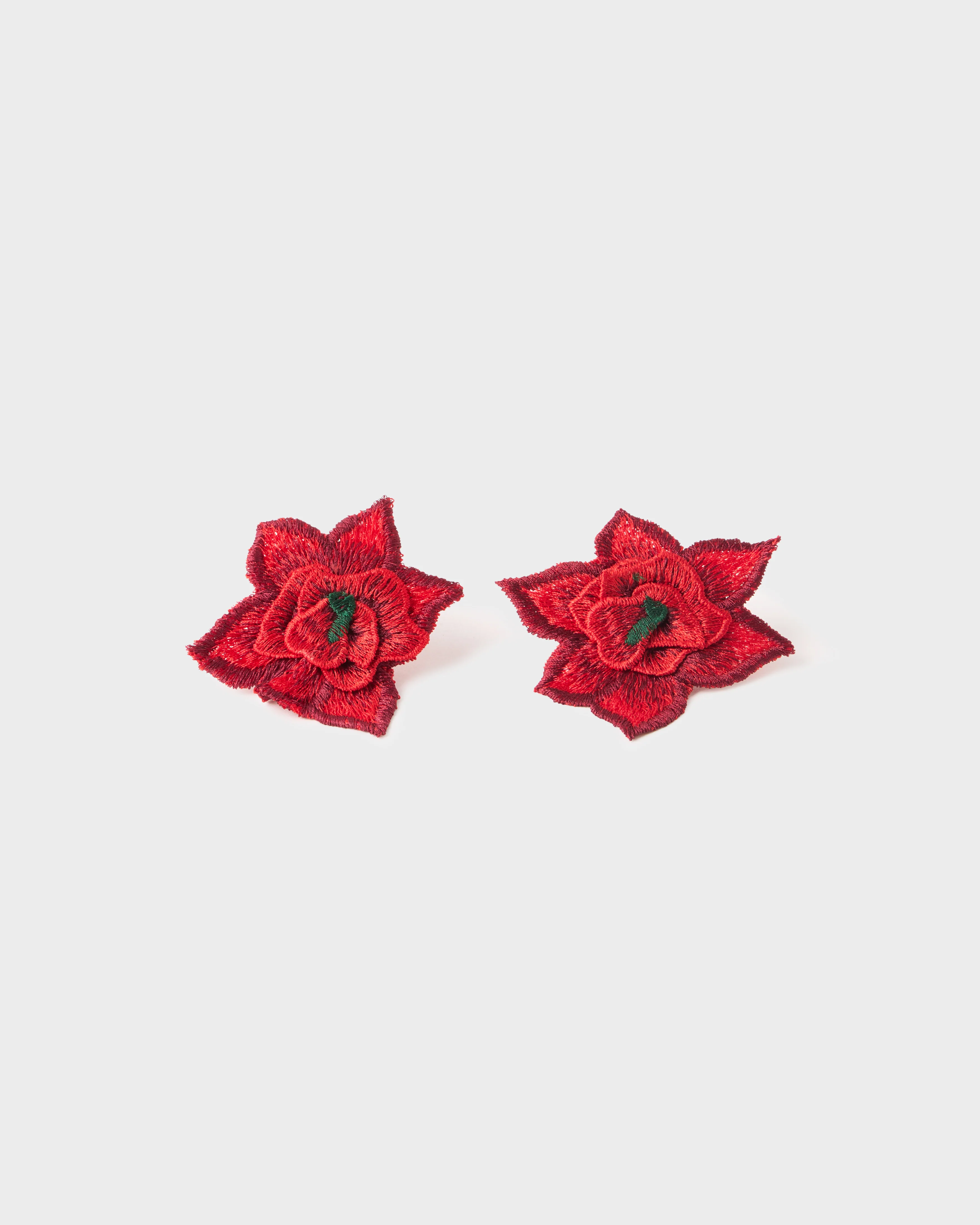 Eugenia Mela Floral Embroidered Earrings, Red & Dark Green
