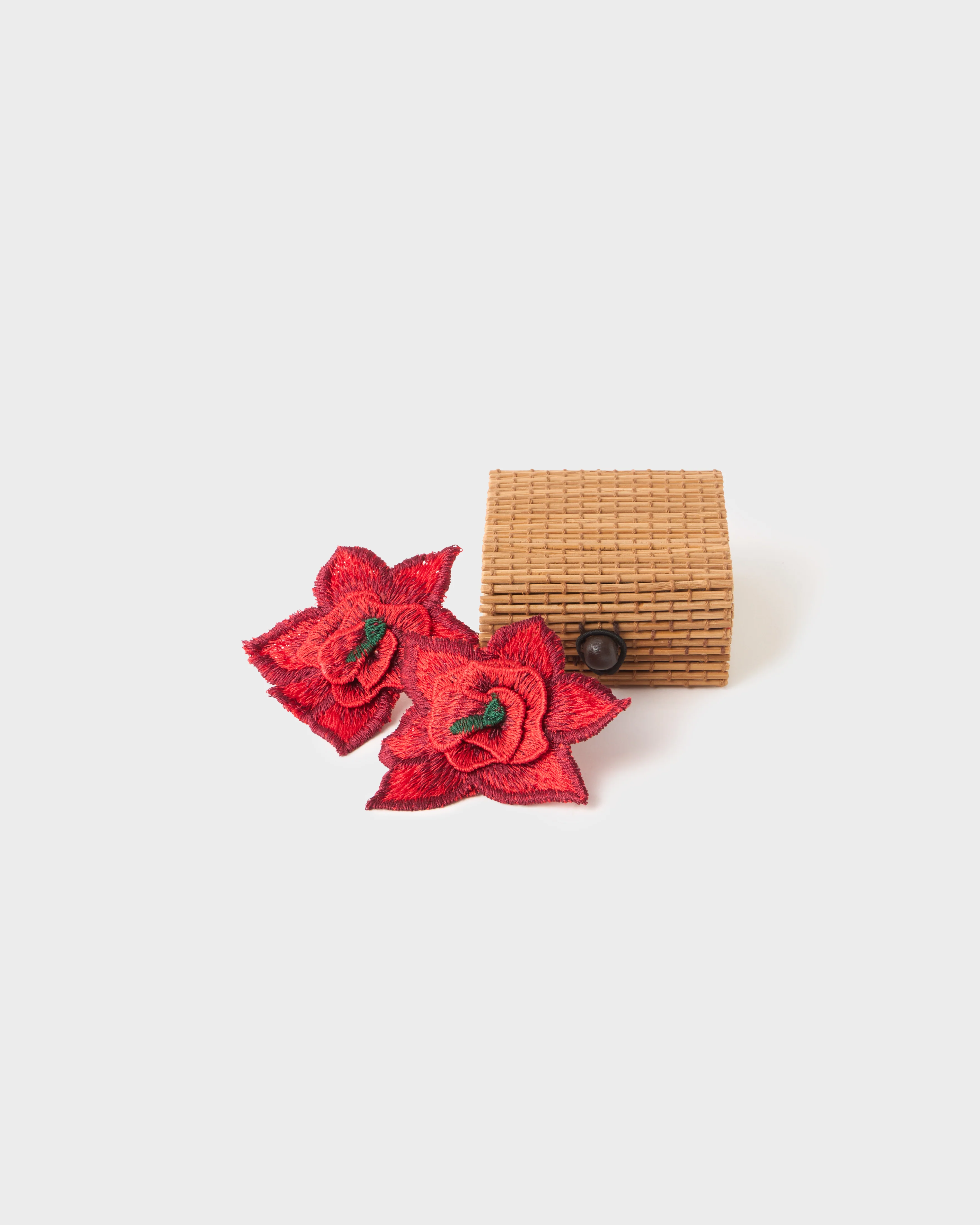 Eugenia Mela Floral Embroidered Earrings, Red & Dark Green - Image 2