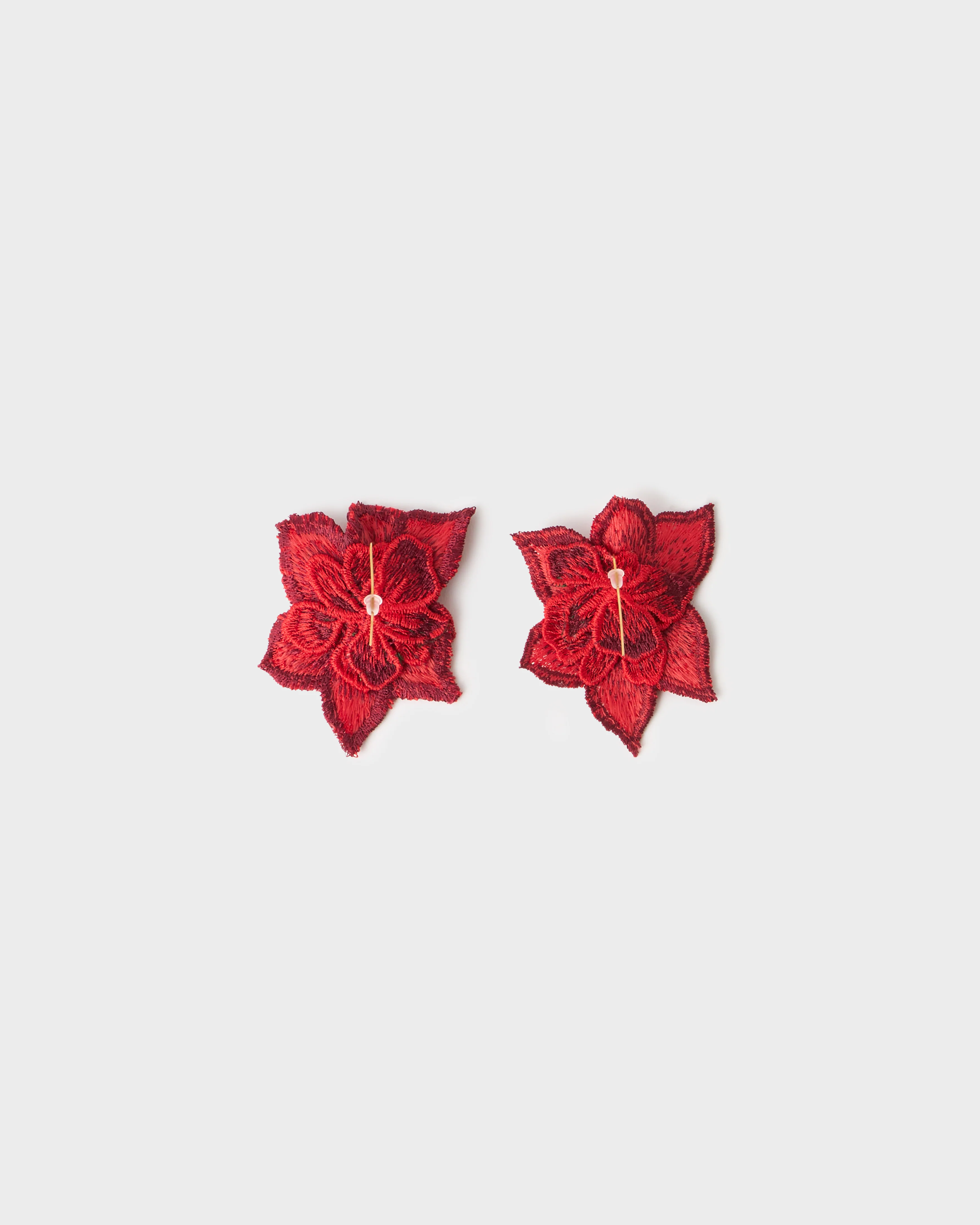 Eugenia Mela Floral Embroidered Earrings, Red & Dark Green - Image 3