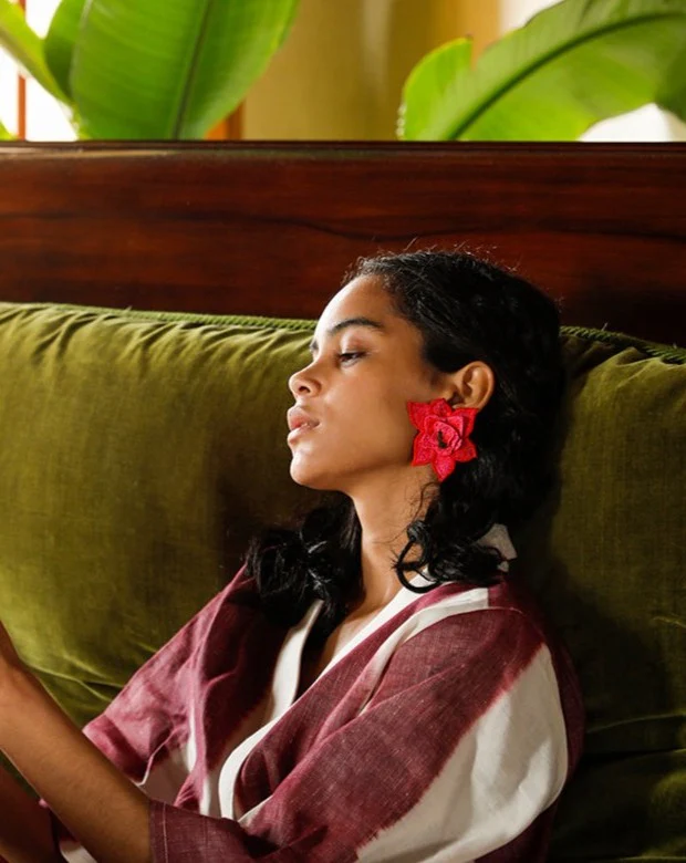 Eugenia Mela Floral Embroidered Earrings, Fuchsia - Image 2