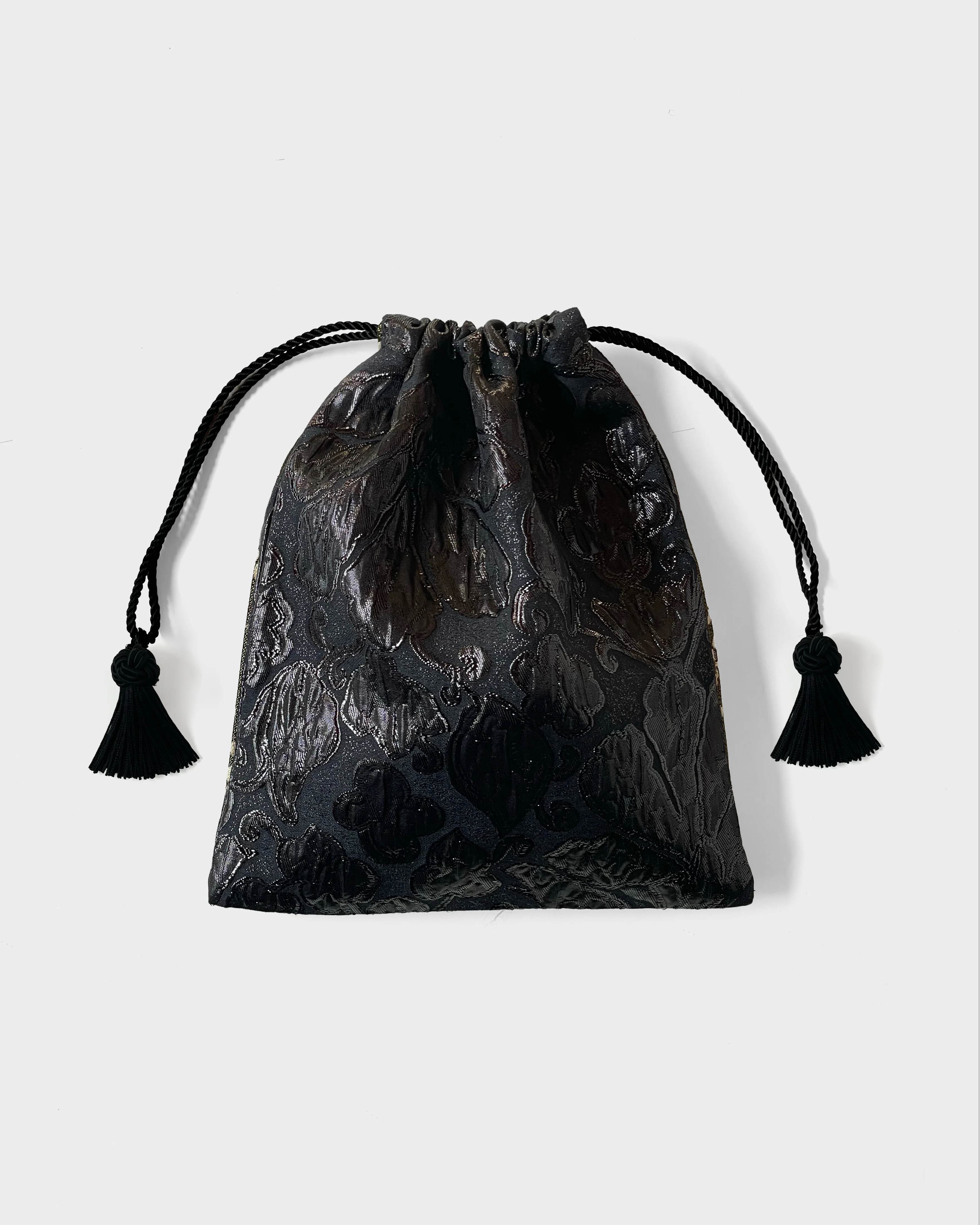 Evening Drawstring Pouch, Black Brocade