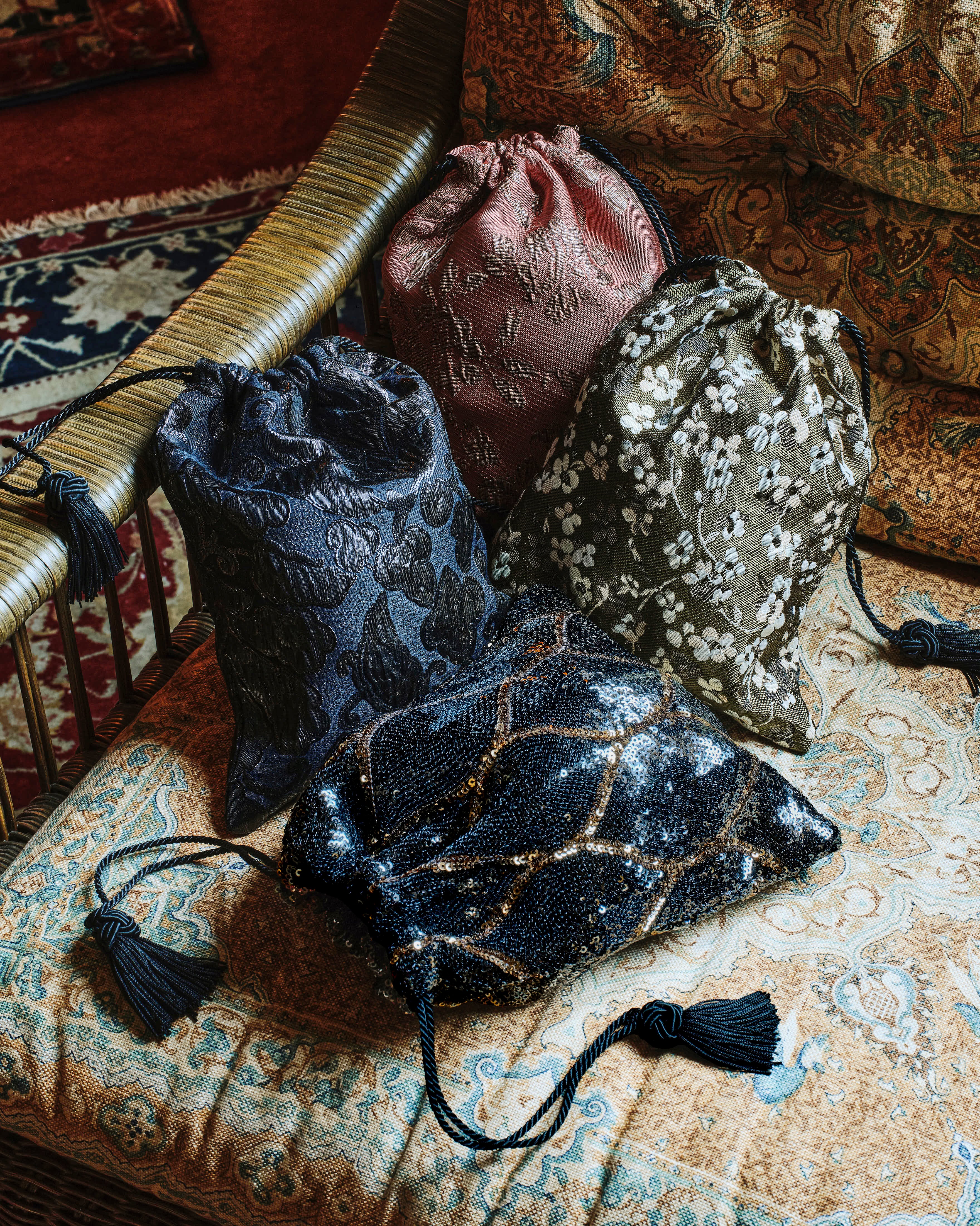 Evening Drawstring Pouch, Black Brocade - Image 5