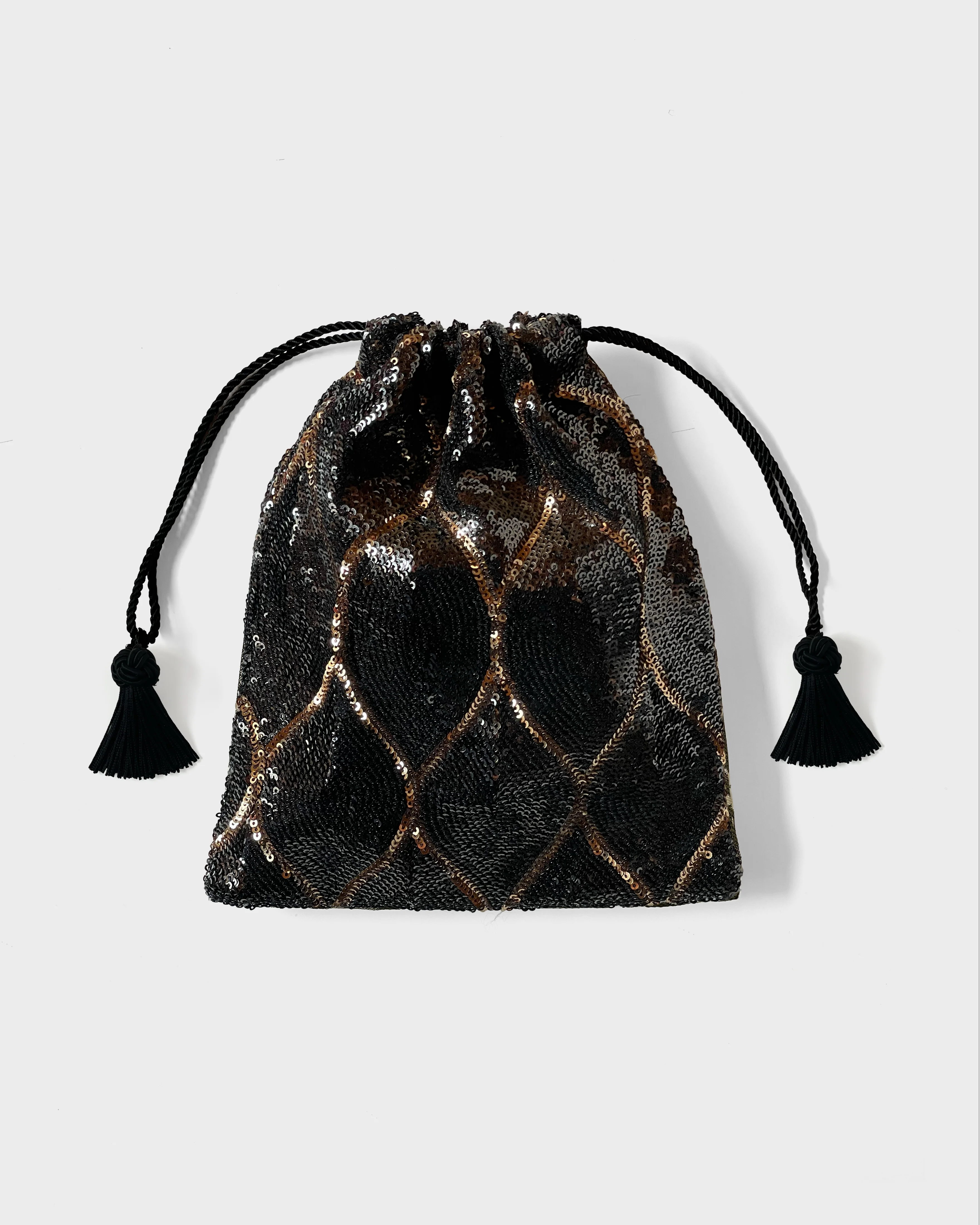 Evening Drawstring Pouch, Black Sequin Lattice