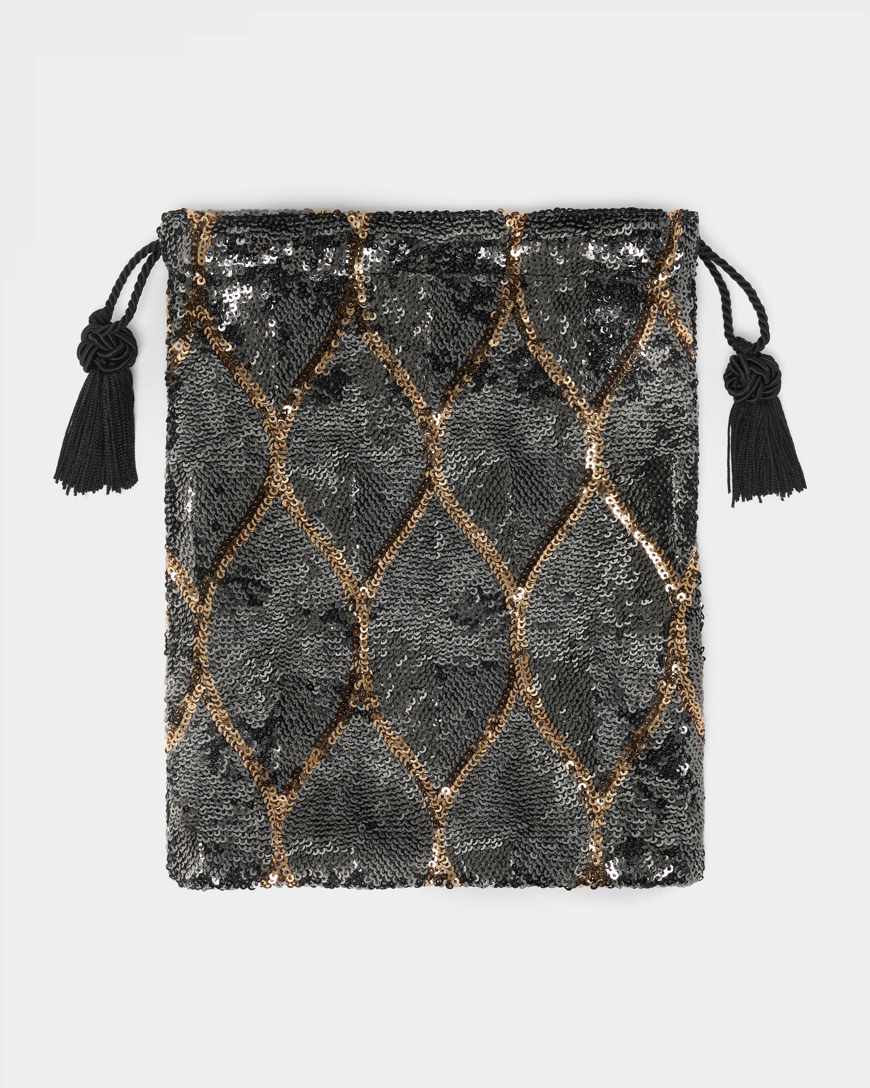 Evening Drawstring Pouch, Black Sequin Lattice - Image 2