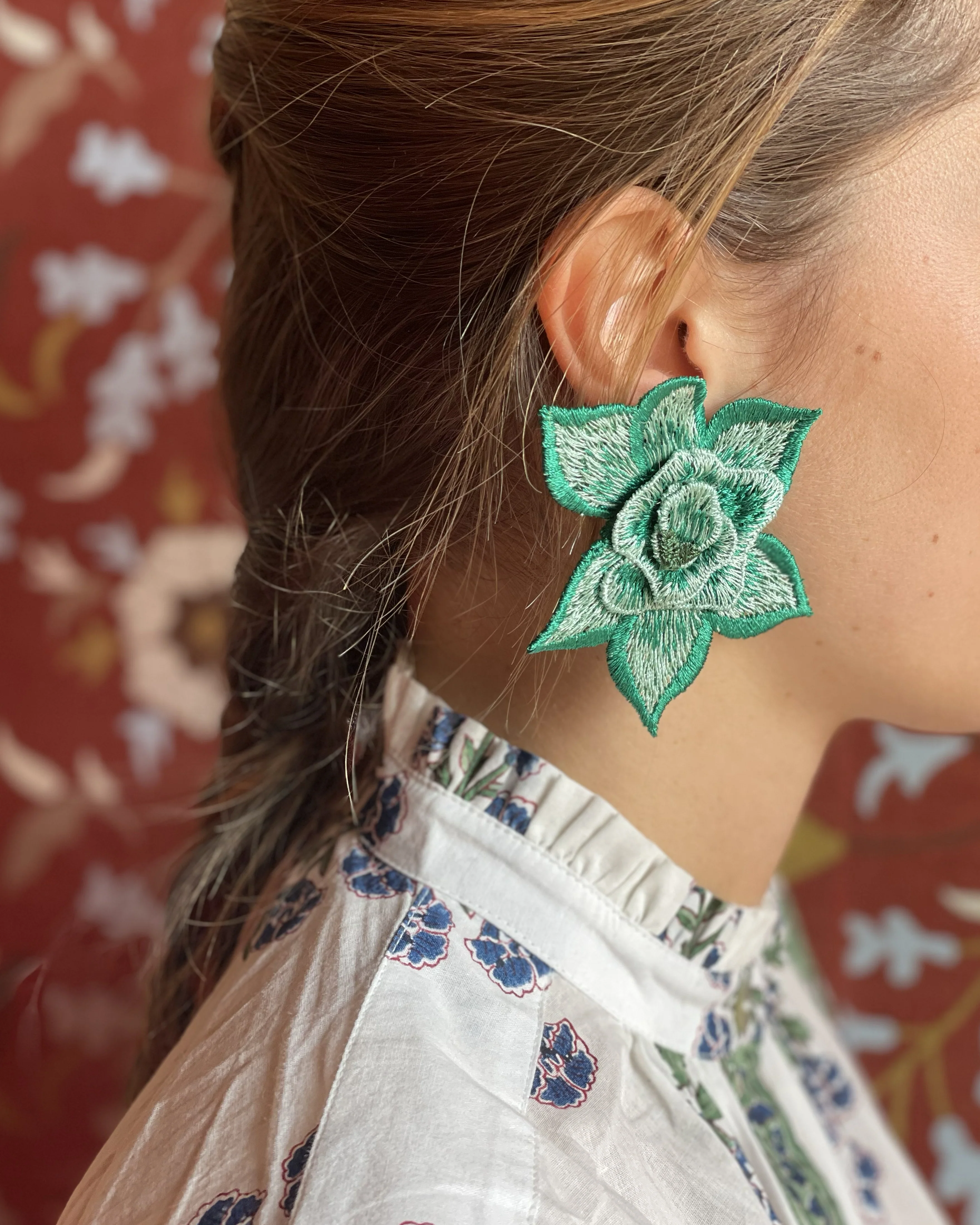 Eugenia Mela Floral Embroidered Earrings, Green - Image 2