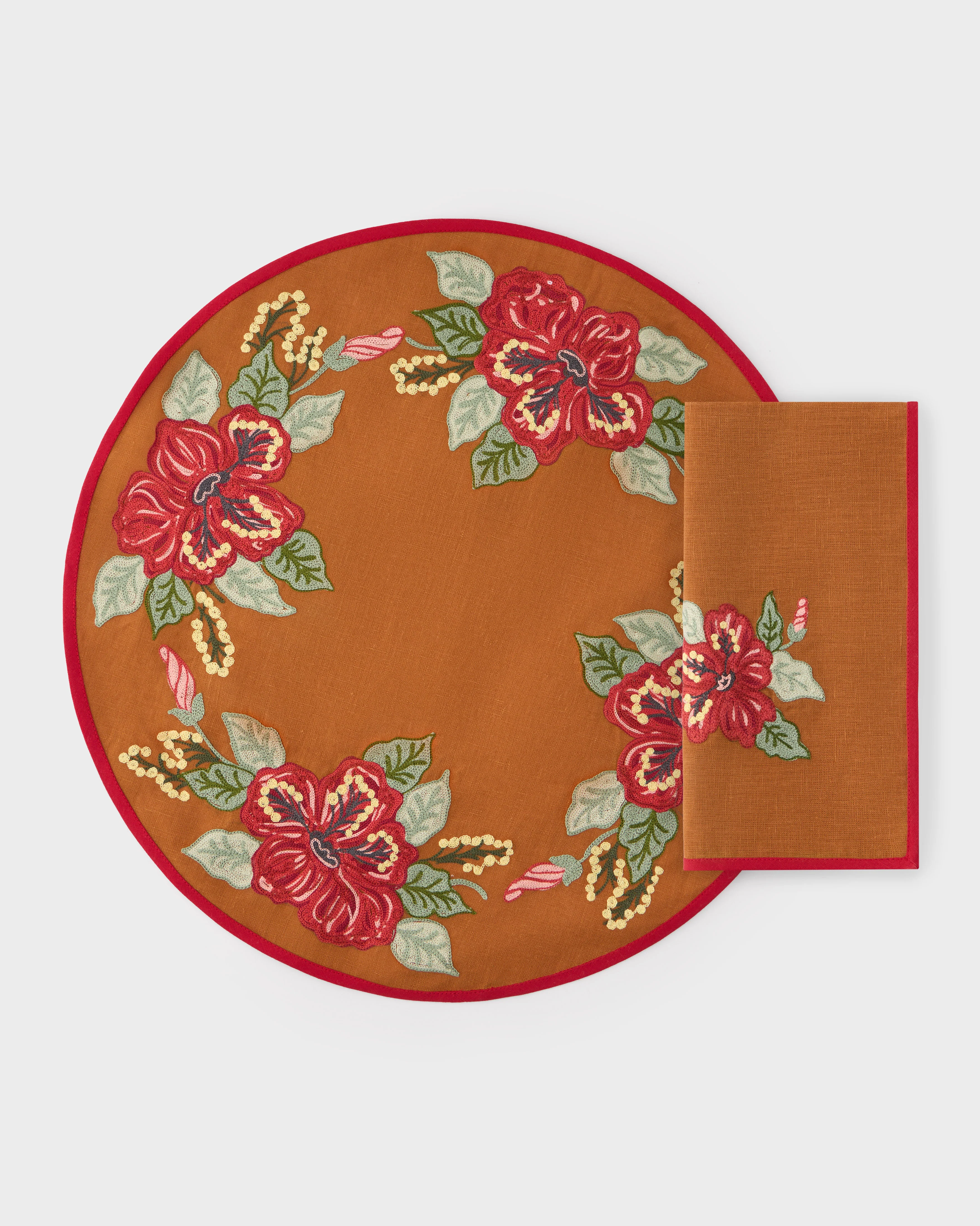 Loretta Caponi x Cabana Hibiscus Embroidered Placemat & Napkin Set