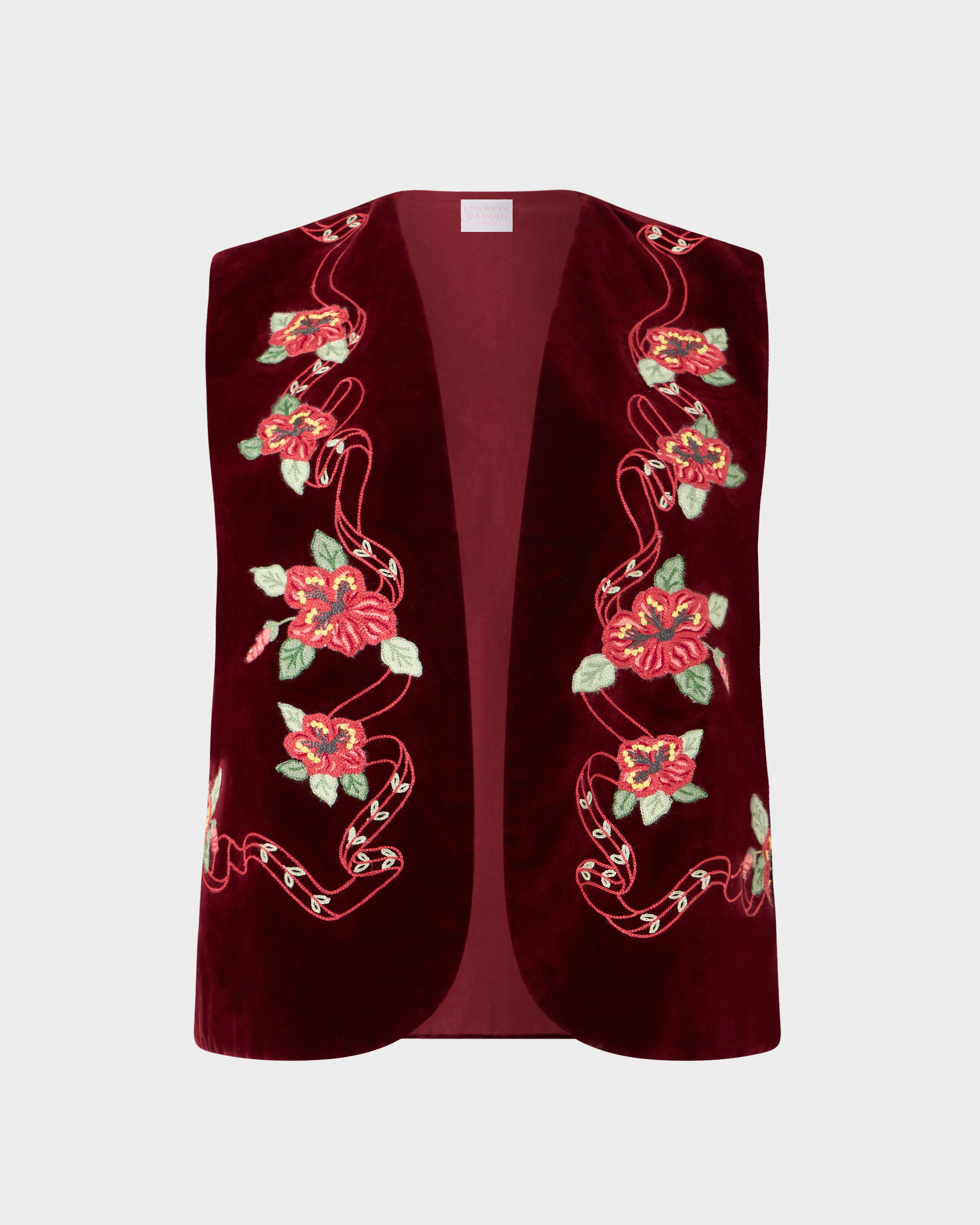 Loretta Caponi x Cabana Hibiscus Velvet Gilet, Bordeaux, L
