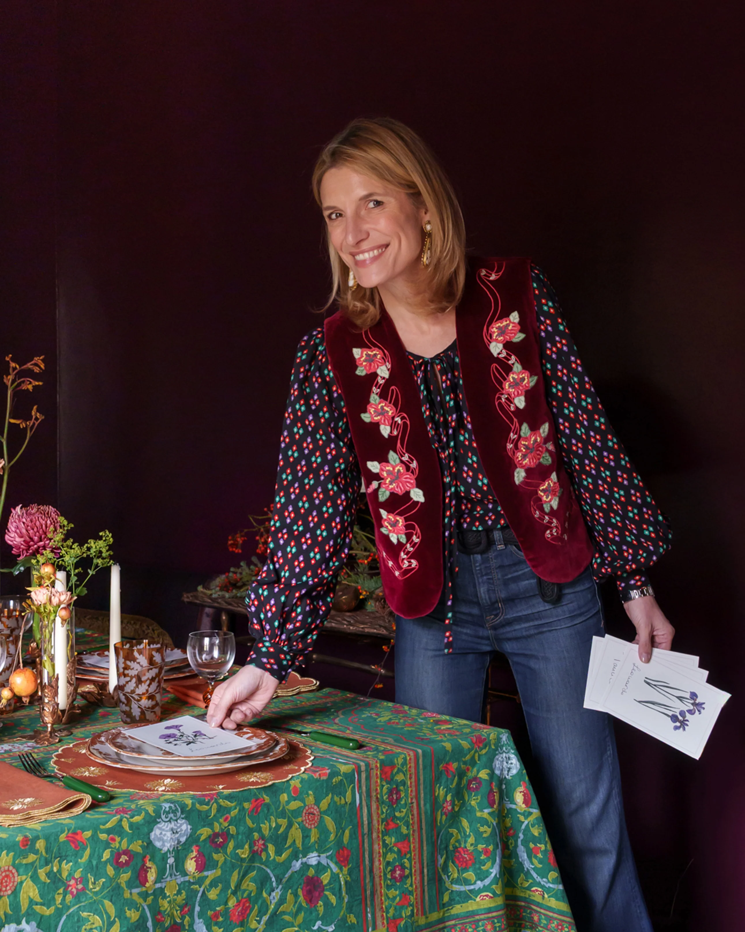 Loretta Caponi x Cabana Hibiscus Velvet Gilet, Bordeaux, M - Image 2