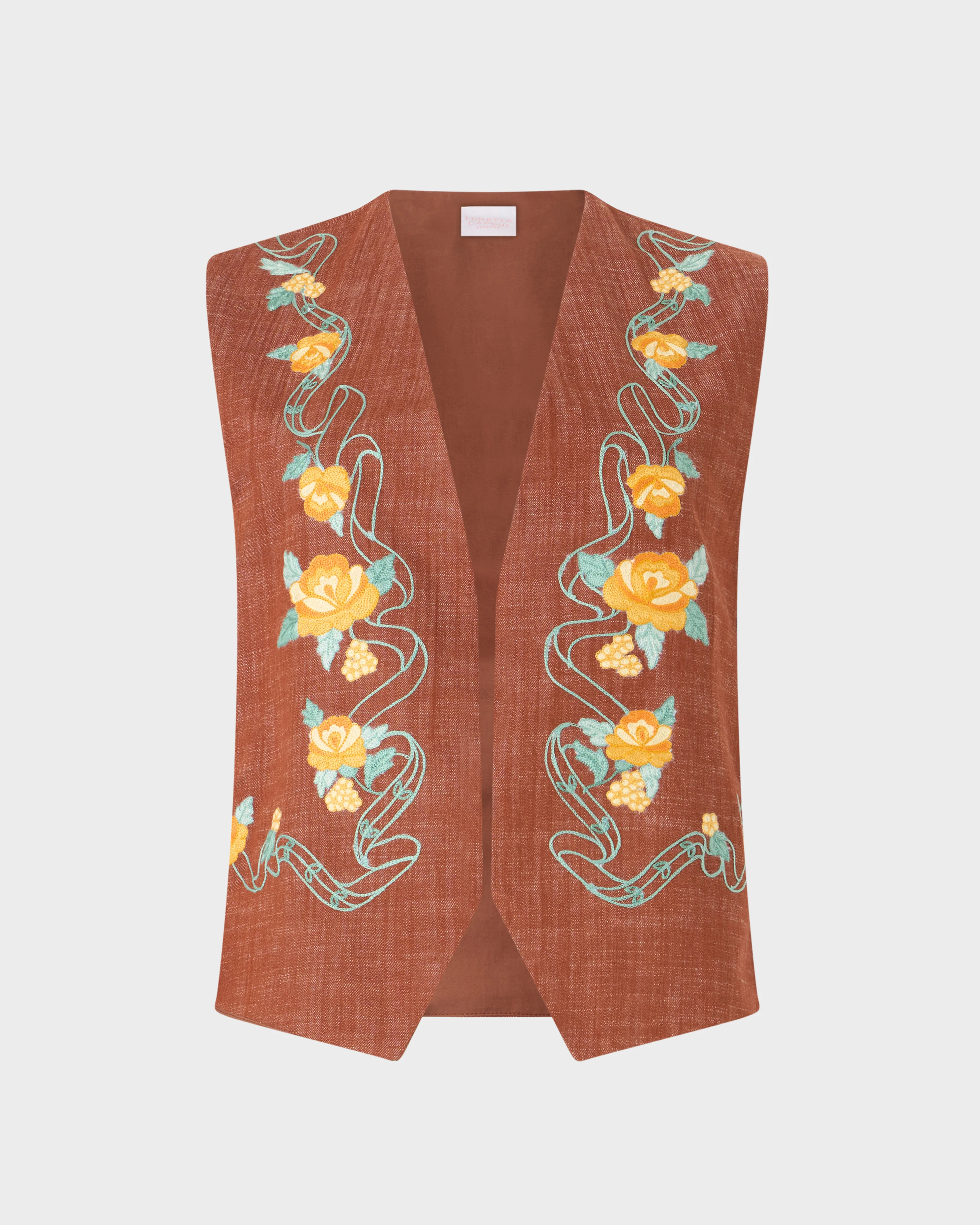 Loretta Caponi x Cabana Rose Denim Gilet, Cognac, M