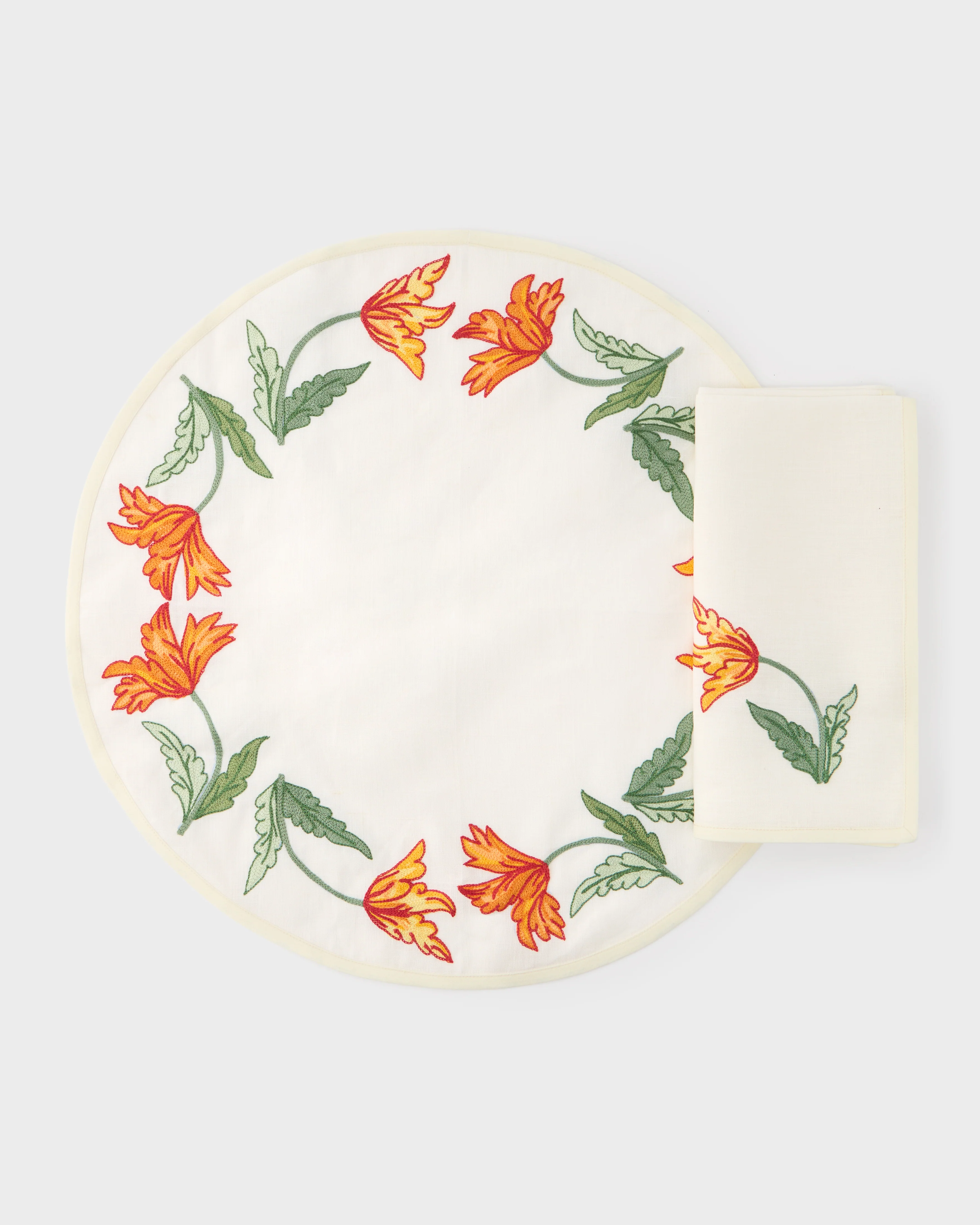 Loretta Caponi x Cabana Tulips Embroidered Placemat & Napkin Set