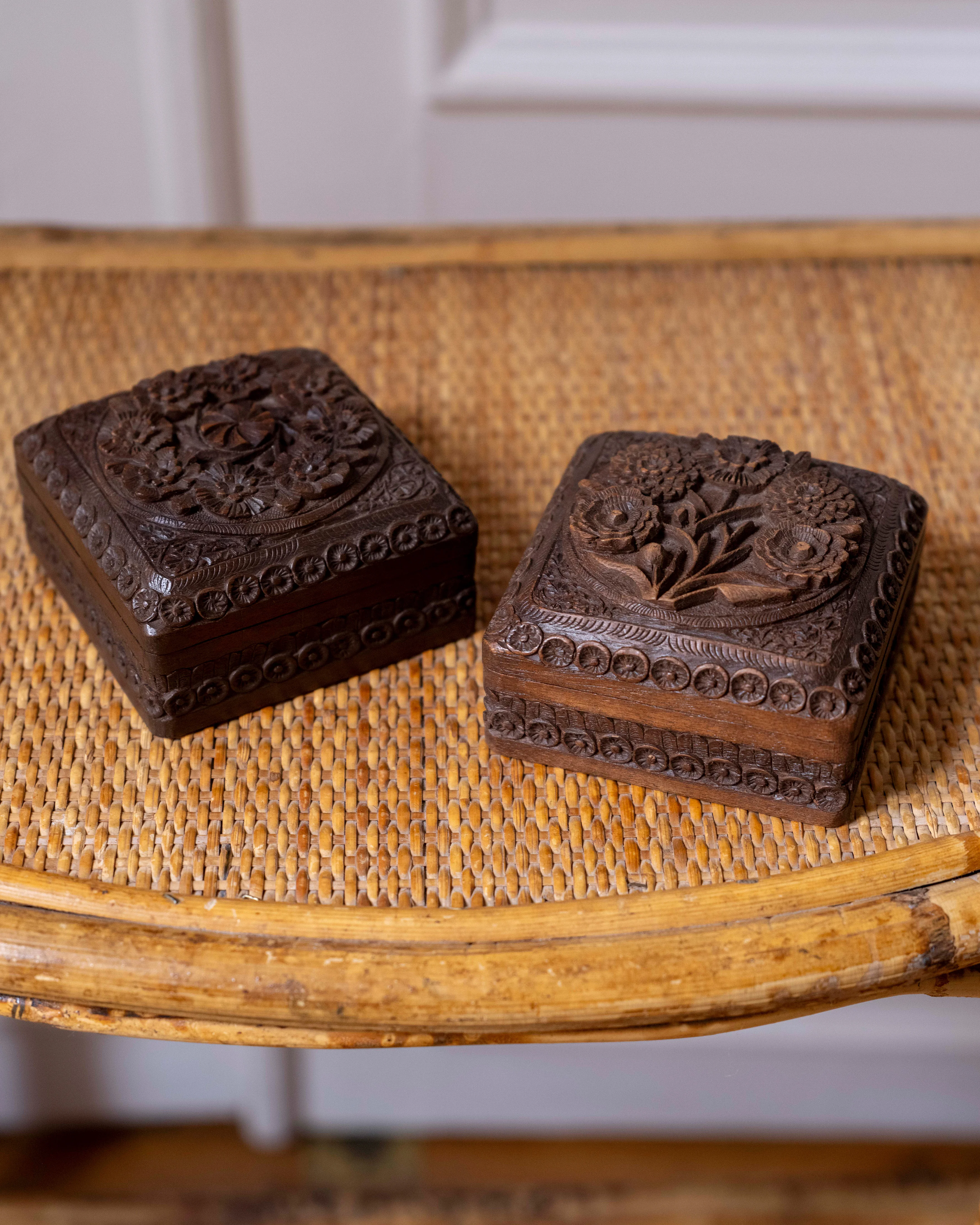 Pair of Hand-Carved Wooden Jewelry Boxes