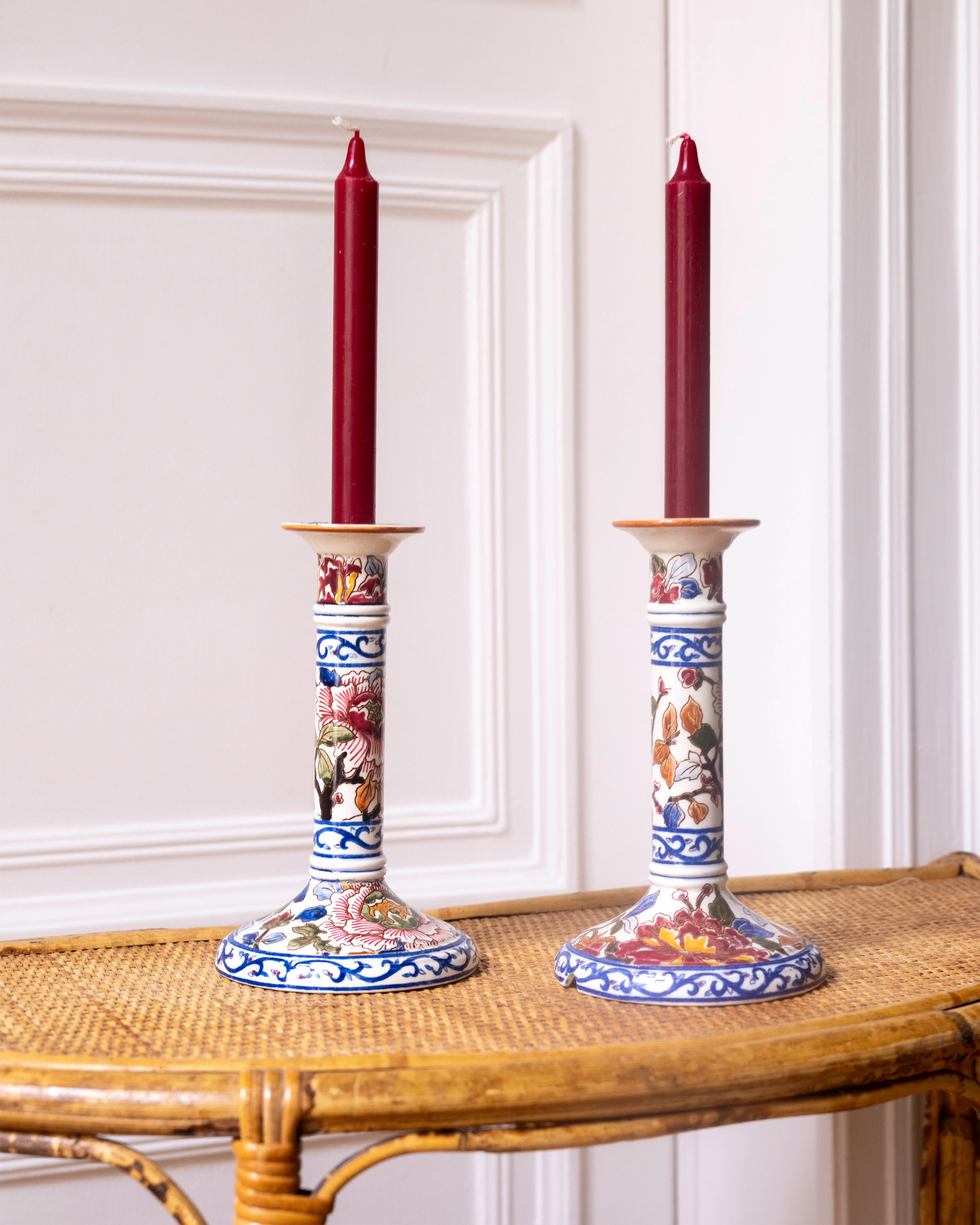 Pair of Hand-Painted Italian Ceramic Candlesticks