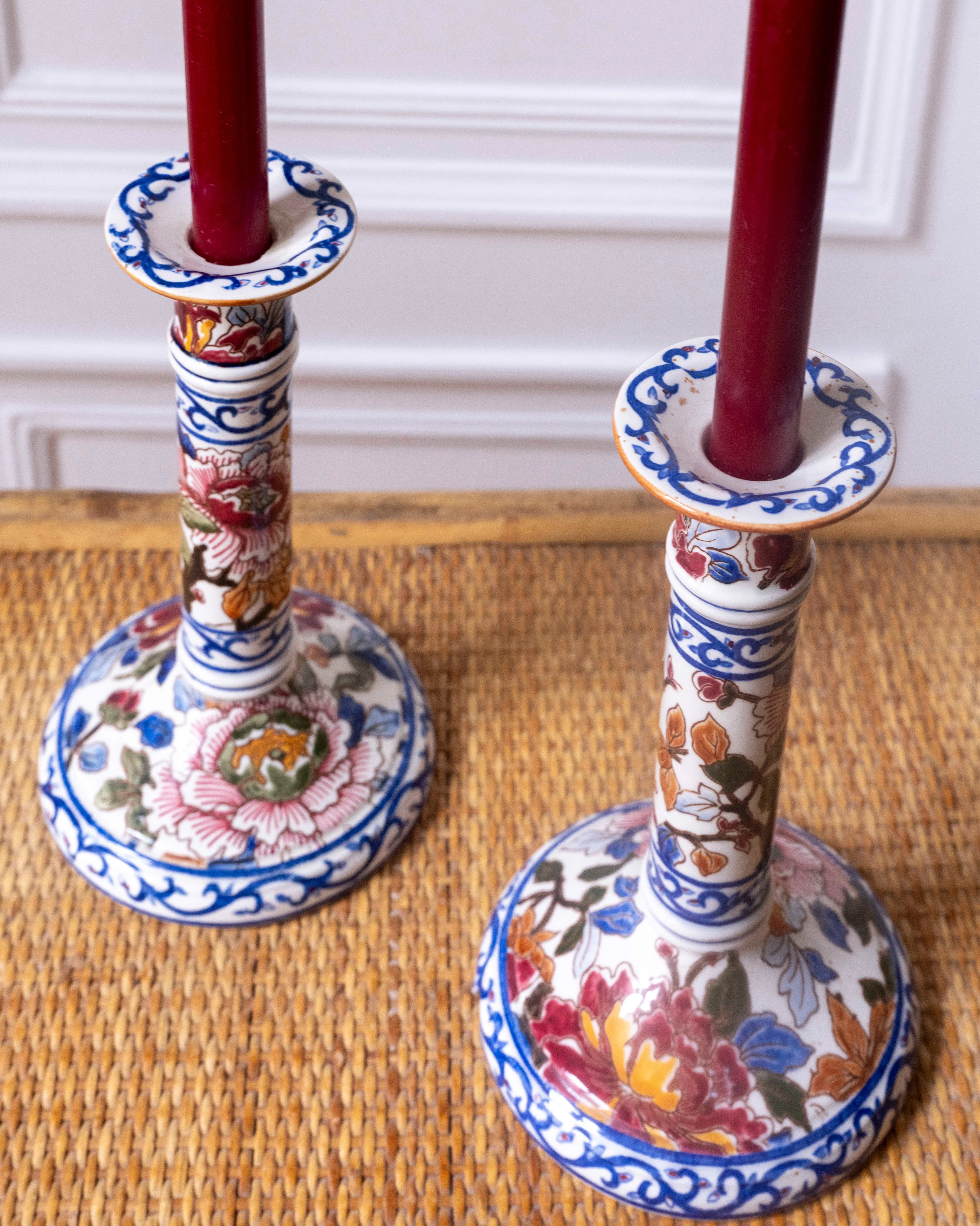 Pair of Hand-Painted Italian Ceramic Candlesticks - Image 2
