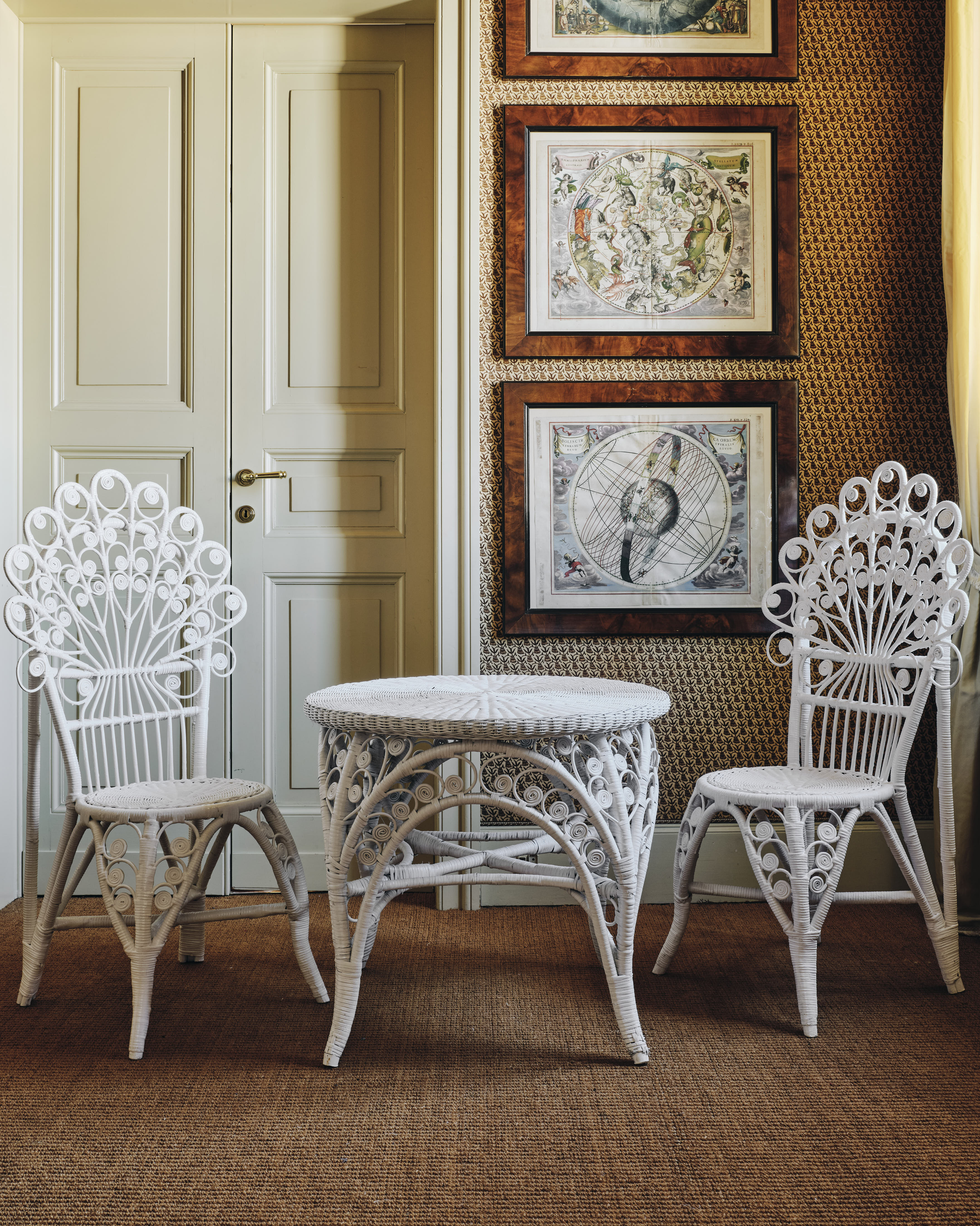 Pair of White Peacock-Back Chairs with Matching Table