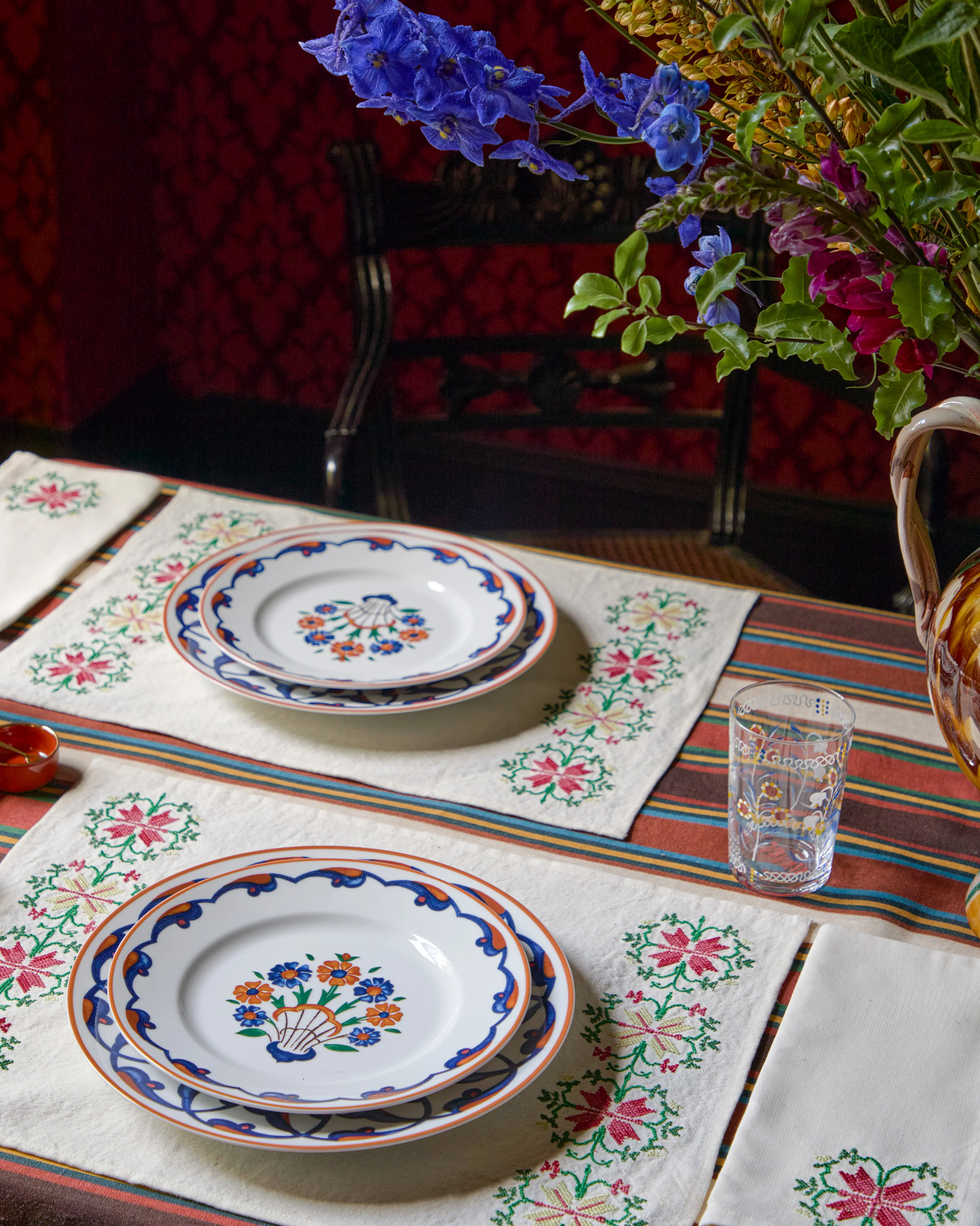 Rohida Embroidered Placemat, Red and White (Set of 2) - Image 2