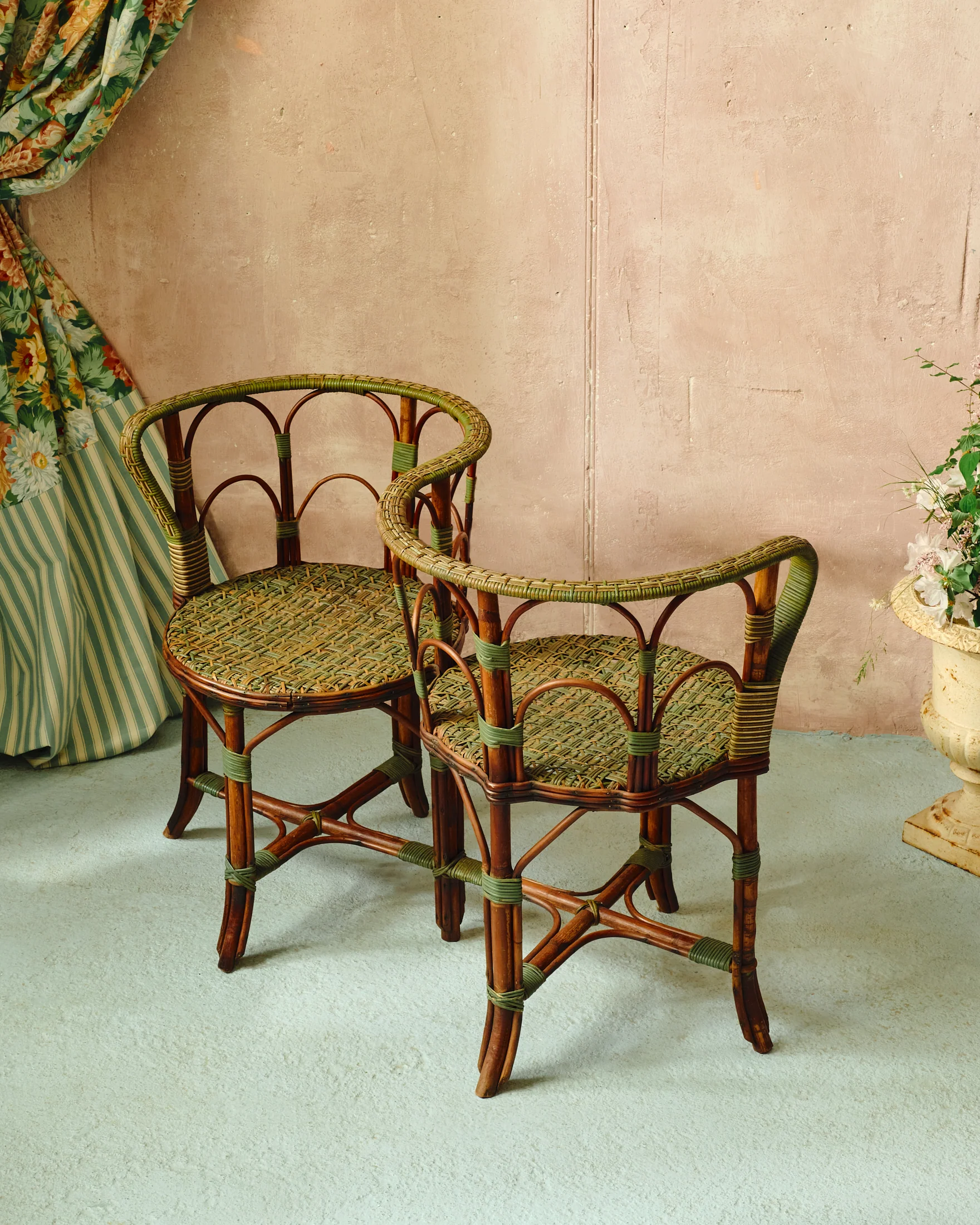 Small Green and Natural Rattan Armchair