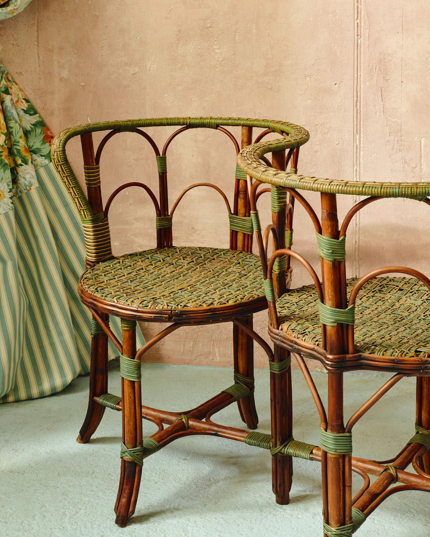 Small Green and Natural Rattan Armchair - Image 2