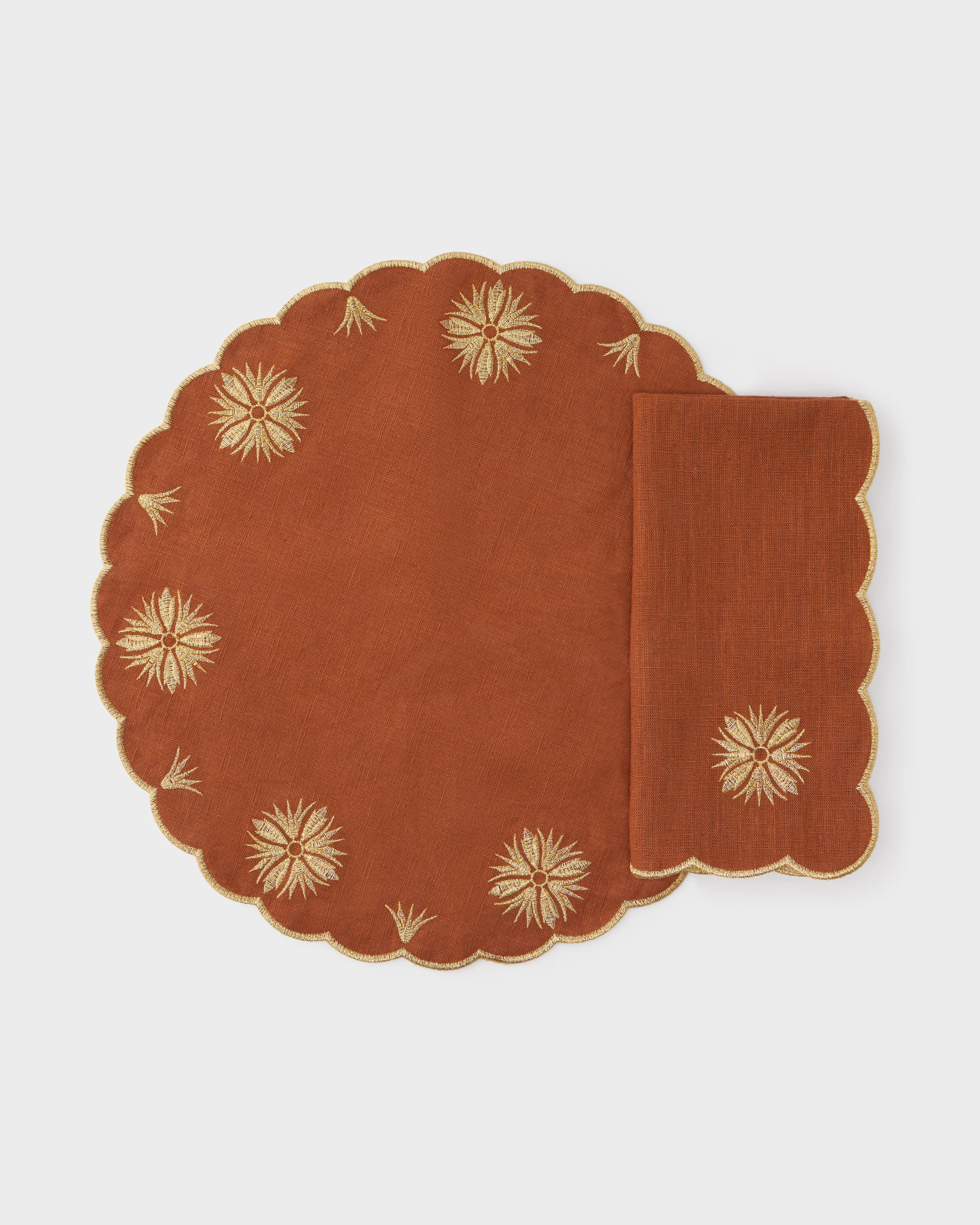 Terracotta Embroidered Gold Placemat & Napkin Set