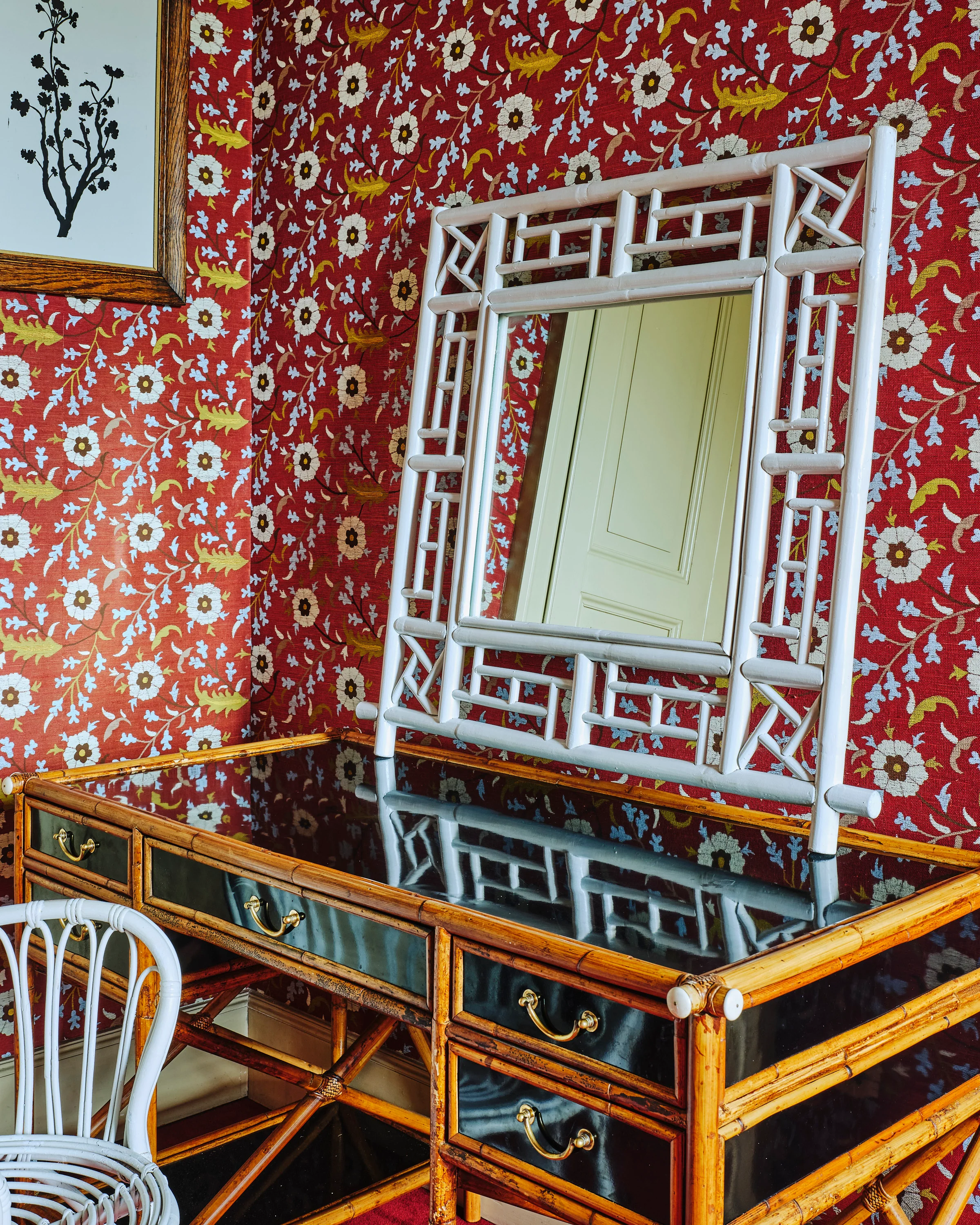 White Chinese Lattice Mirror