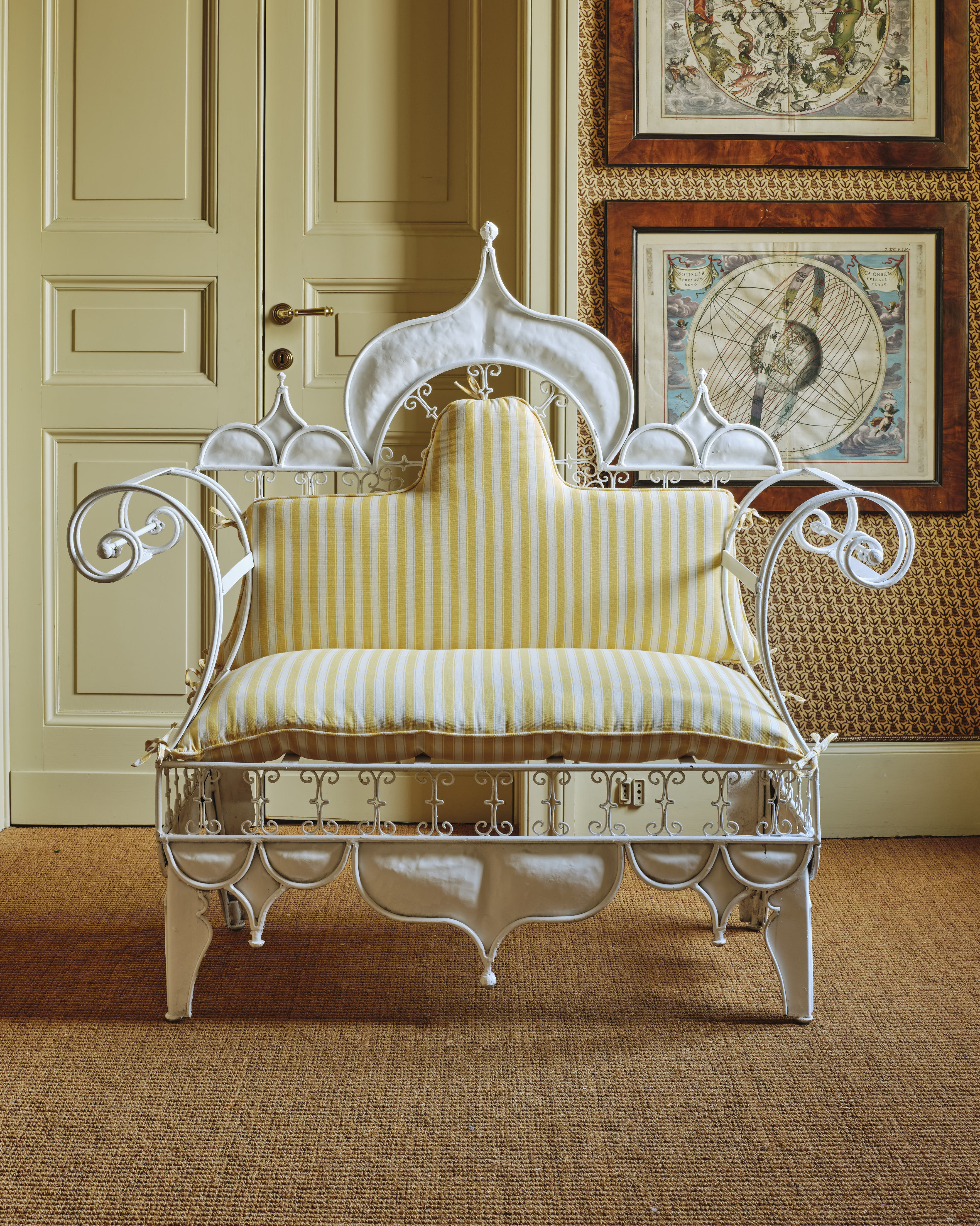 Painted Iron Scroll Bench with Cushions