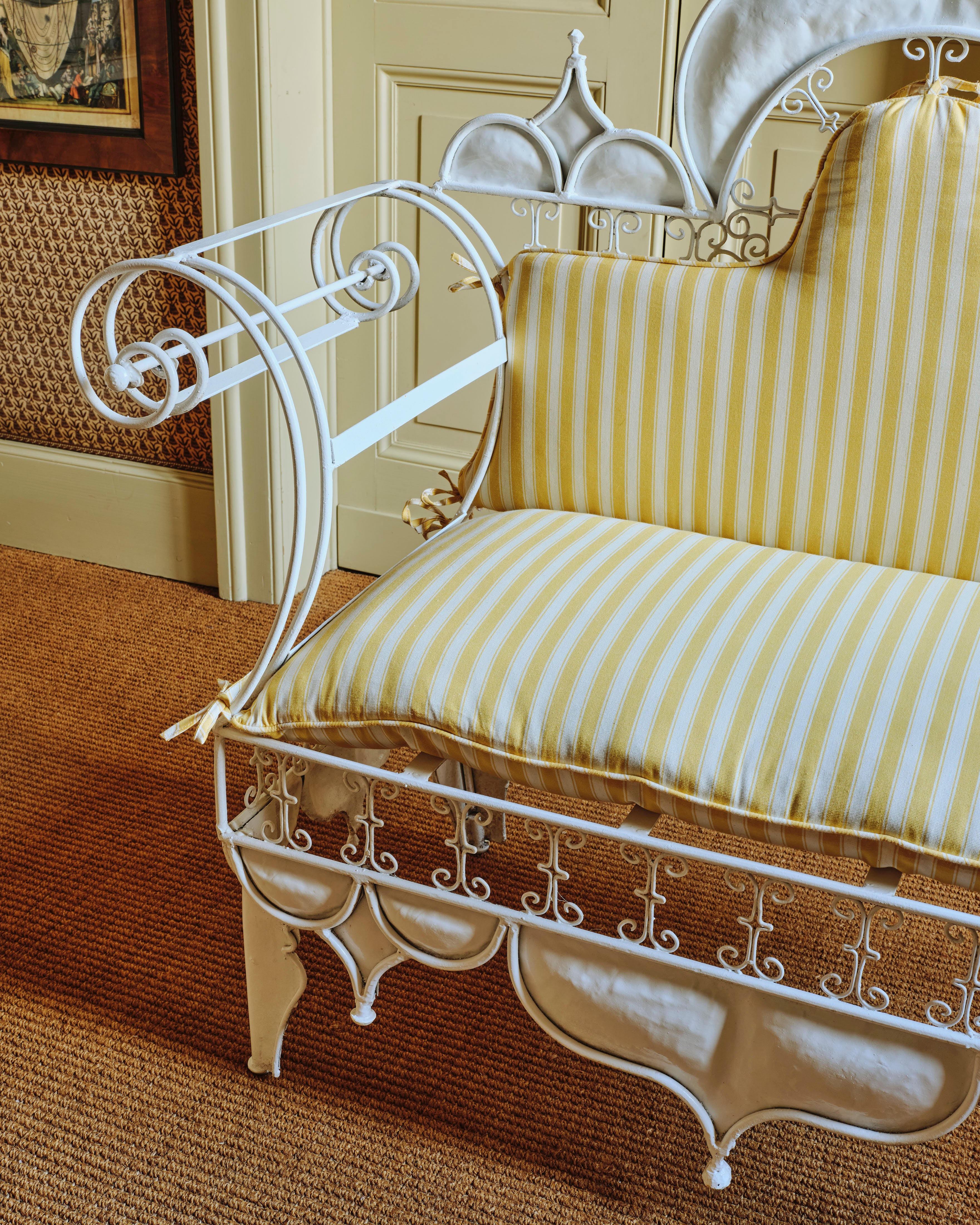 Painted Iron Scroll Bench with Cushions - Image 3